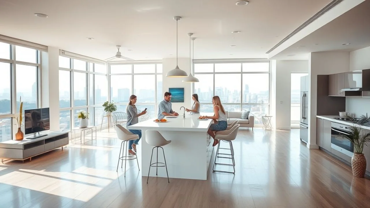 Cozinha integrada com sala de estar em apartamento moderno no Brasil