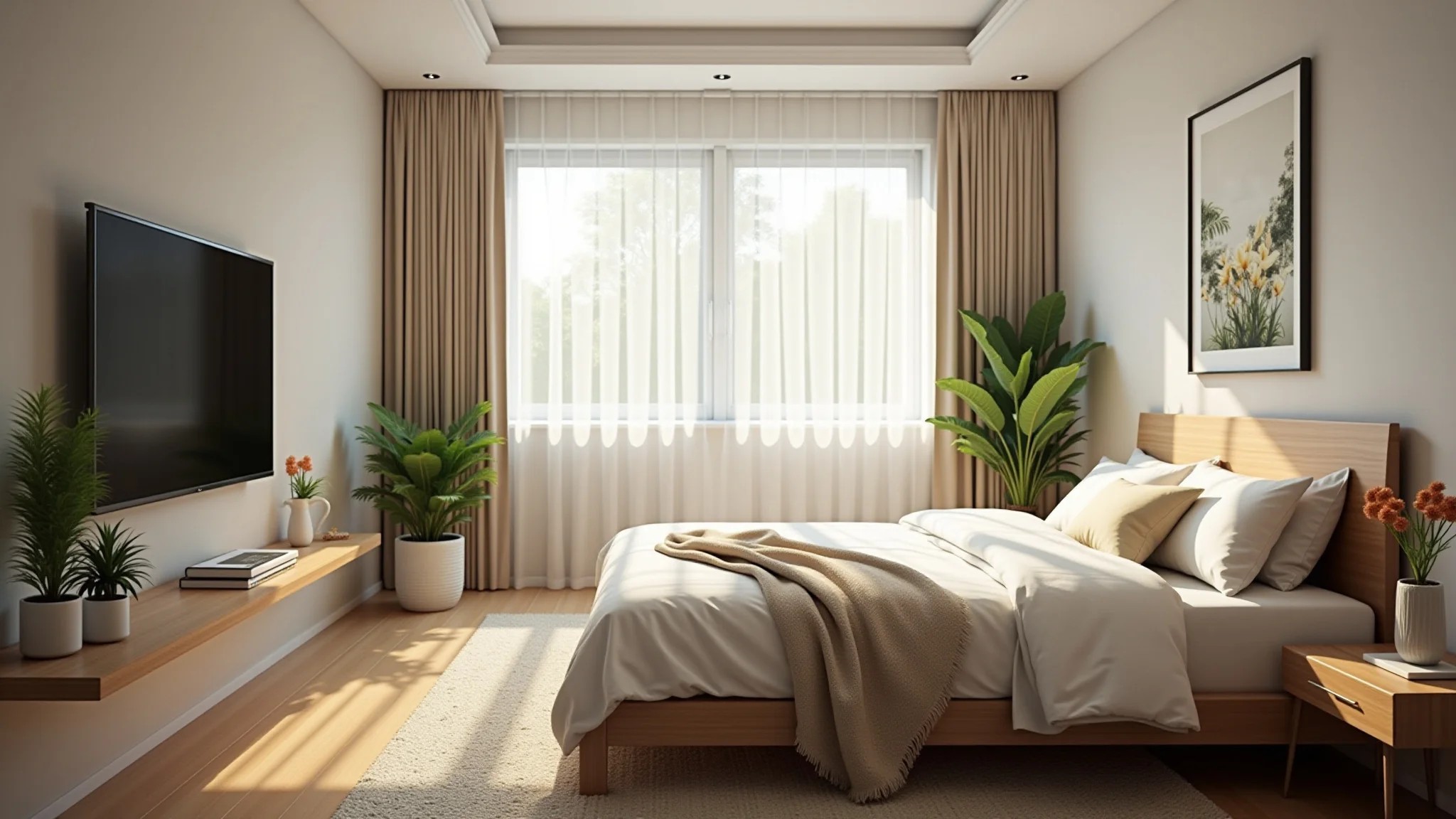 Quarto de solteiro arejado com cortinas leves e roupa de cama aconchegante.
