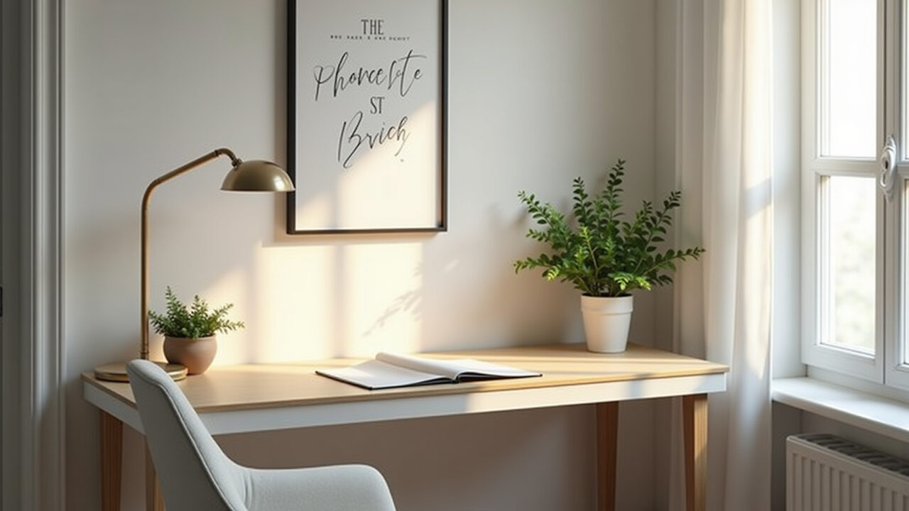 Home office pequeno com cores claras e iluminação estratégica.