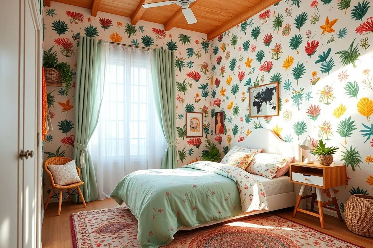 Quarto de menina alegre com papel de parede pastel e padrões lúdicos, luz natural, estilo brasileiro.