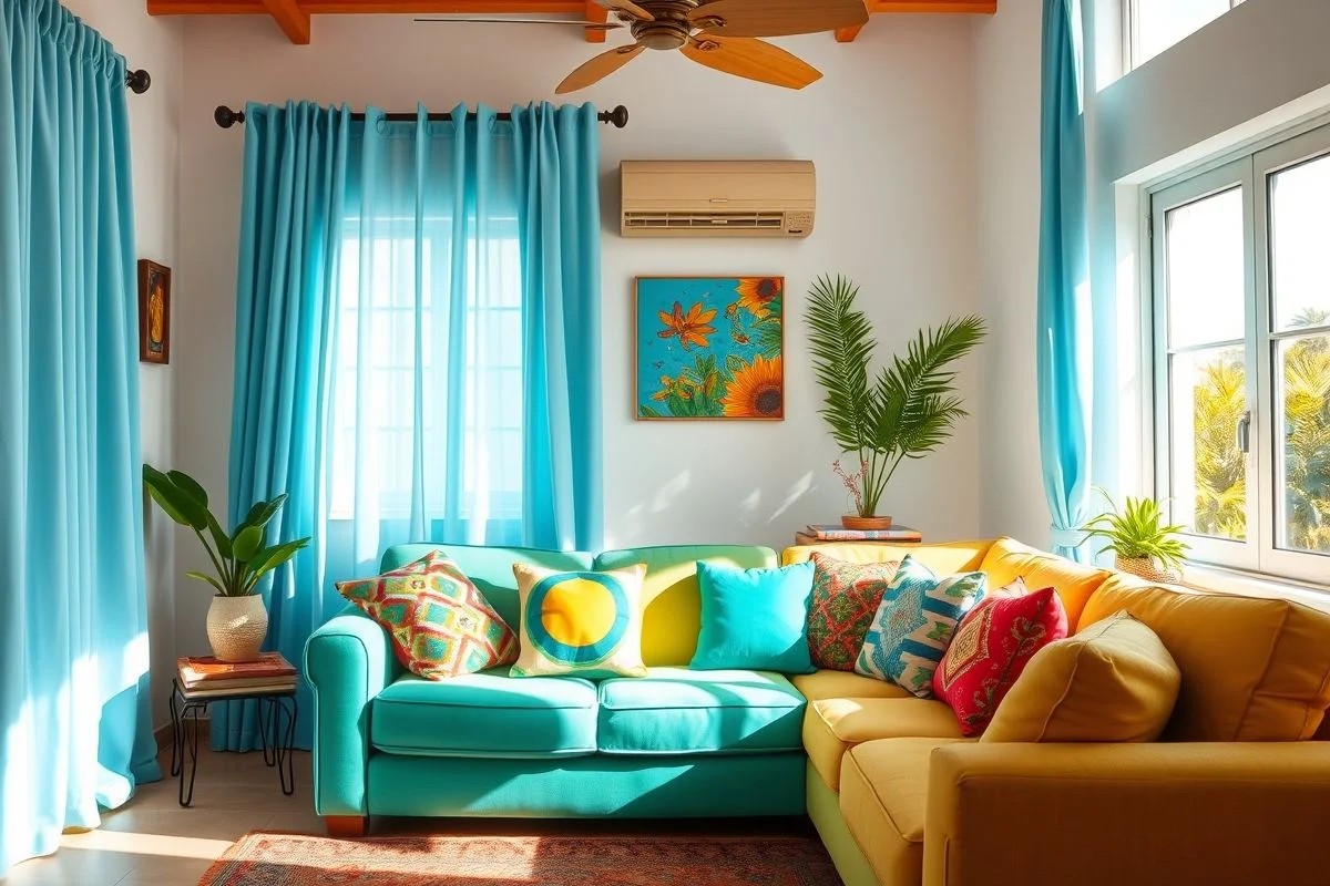 Sala colorida com cortinas azul pastel e sofá vibrante, estilo brasileiro.