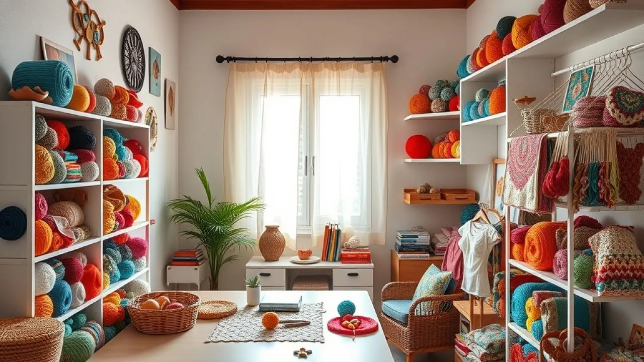 Ateliê de crochê em casa, organizado e colorido. Fios, agulhas, peças prontas.