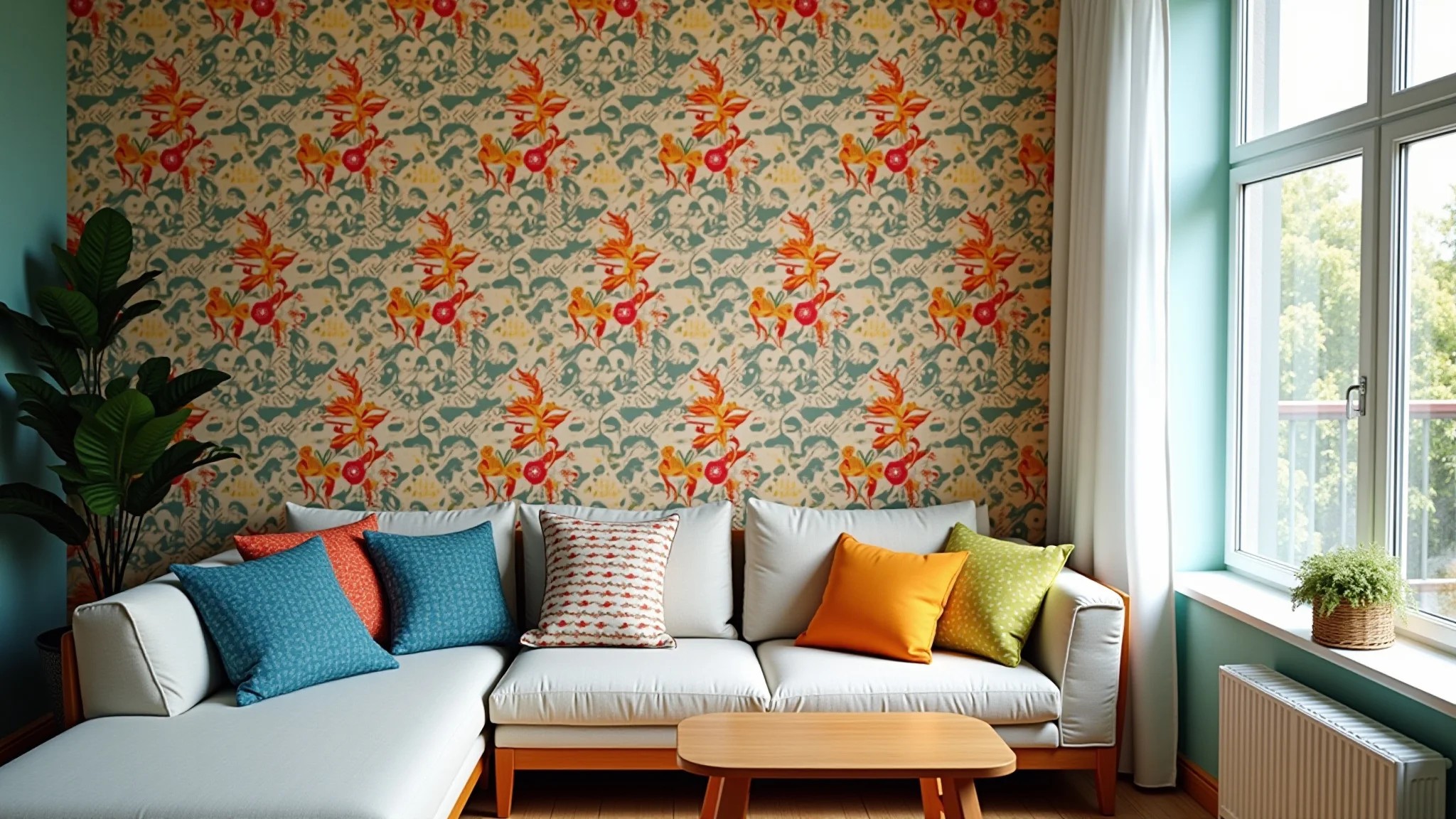 Sala de estar de apartamento com papel de parede removível tropical e almofadas coloridas.