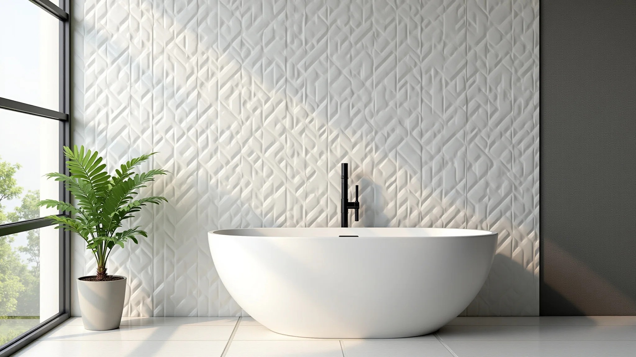 Banheiro iluminado com parede revestida com placas 3D de PVC, design clean e planta.
