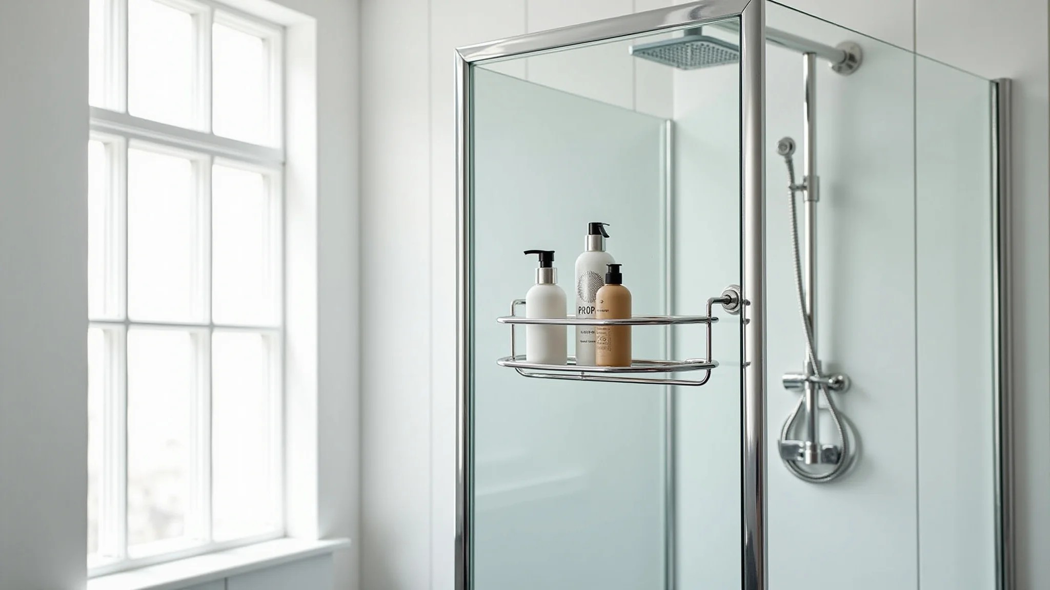 Porta shampoo de aço inox pendurada na porta do box, organizada e com shampoos.