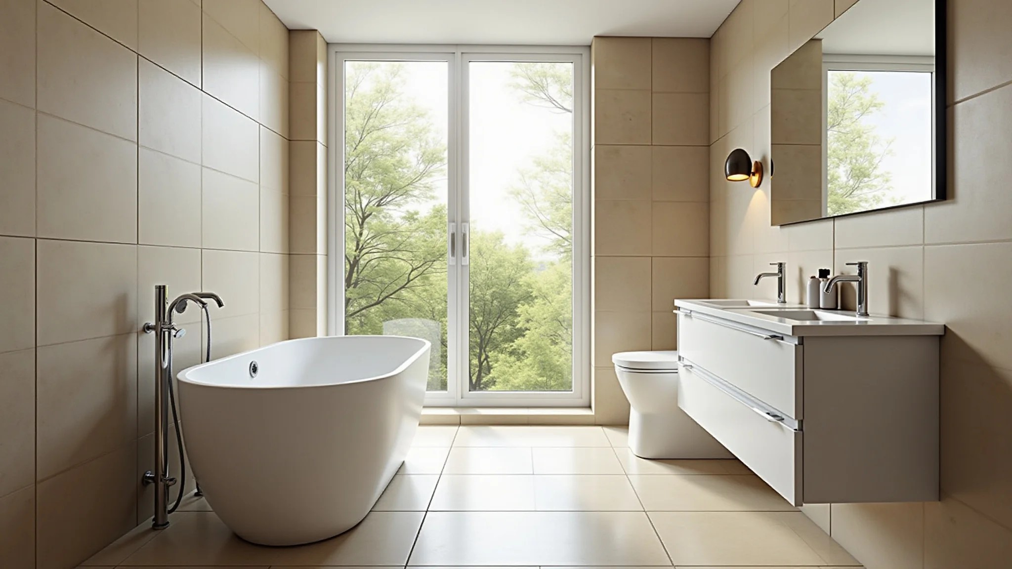 Banheiro iluminado com porcelanato bege, design moderno e toques brasileiros.