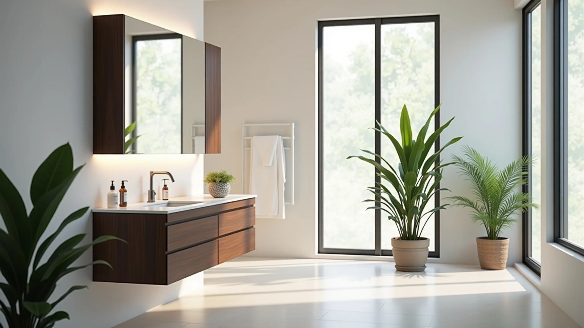 Banheiro iluminado com armário espelheira suspenso, design clean e plantas.