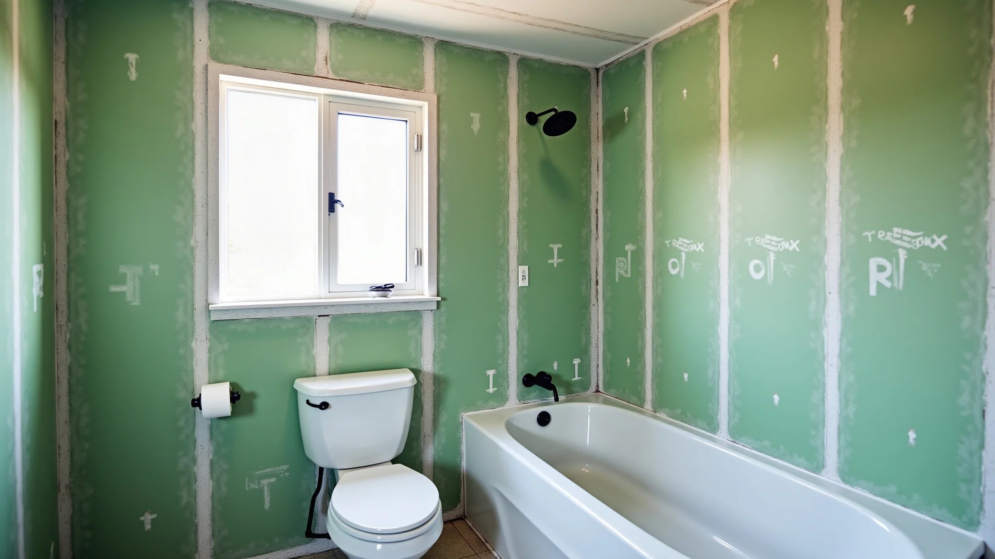 Banheiro em construção com paredes de drywall RU verde, estrutura metálica e ferramentas.