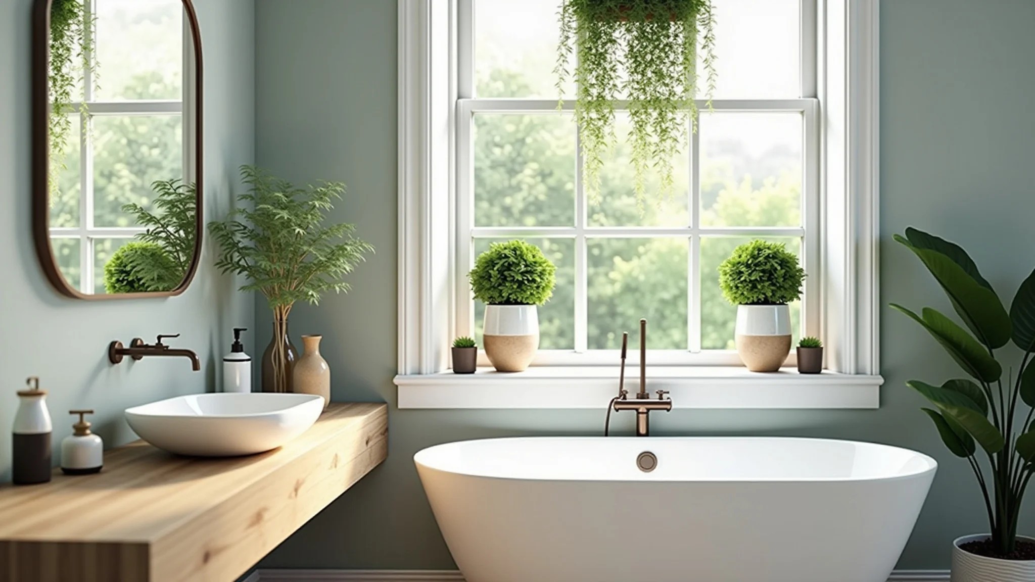 Banheiro iluminado com plantas penduradas, vasos de cerâmica e vista para o jardim.