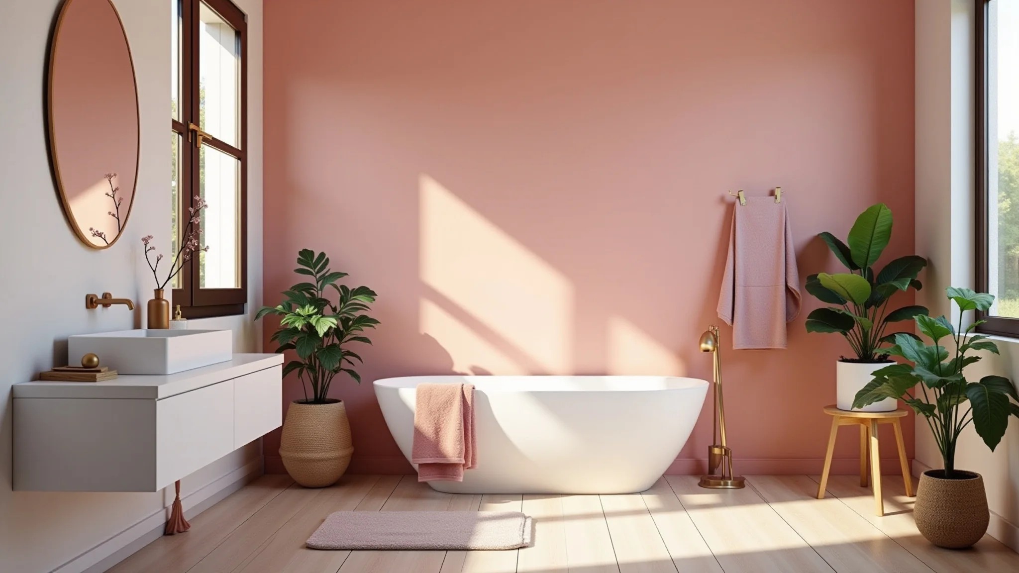 Banheiro rosa vibrante com toalhas macias e detalhes em madeira, estilo brasileiro.