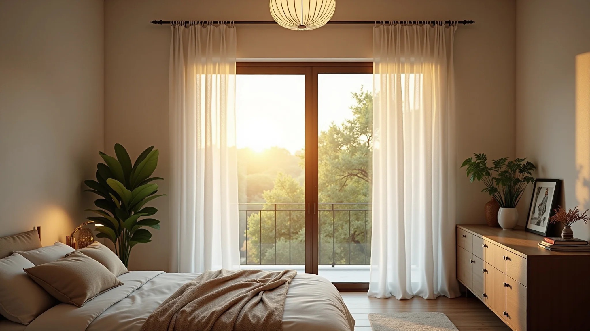 Quarto iluminado com luminária de teto estilosa, decoração brasileira e iluminação natural.