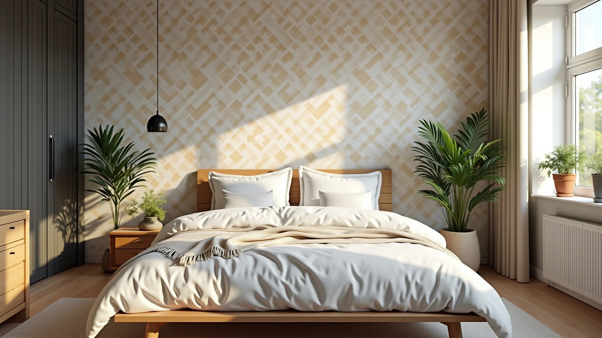 Quarto moderno com papel de parede geométrico vibrante, design brasileiro e iluminação natural.