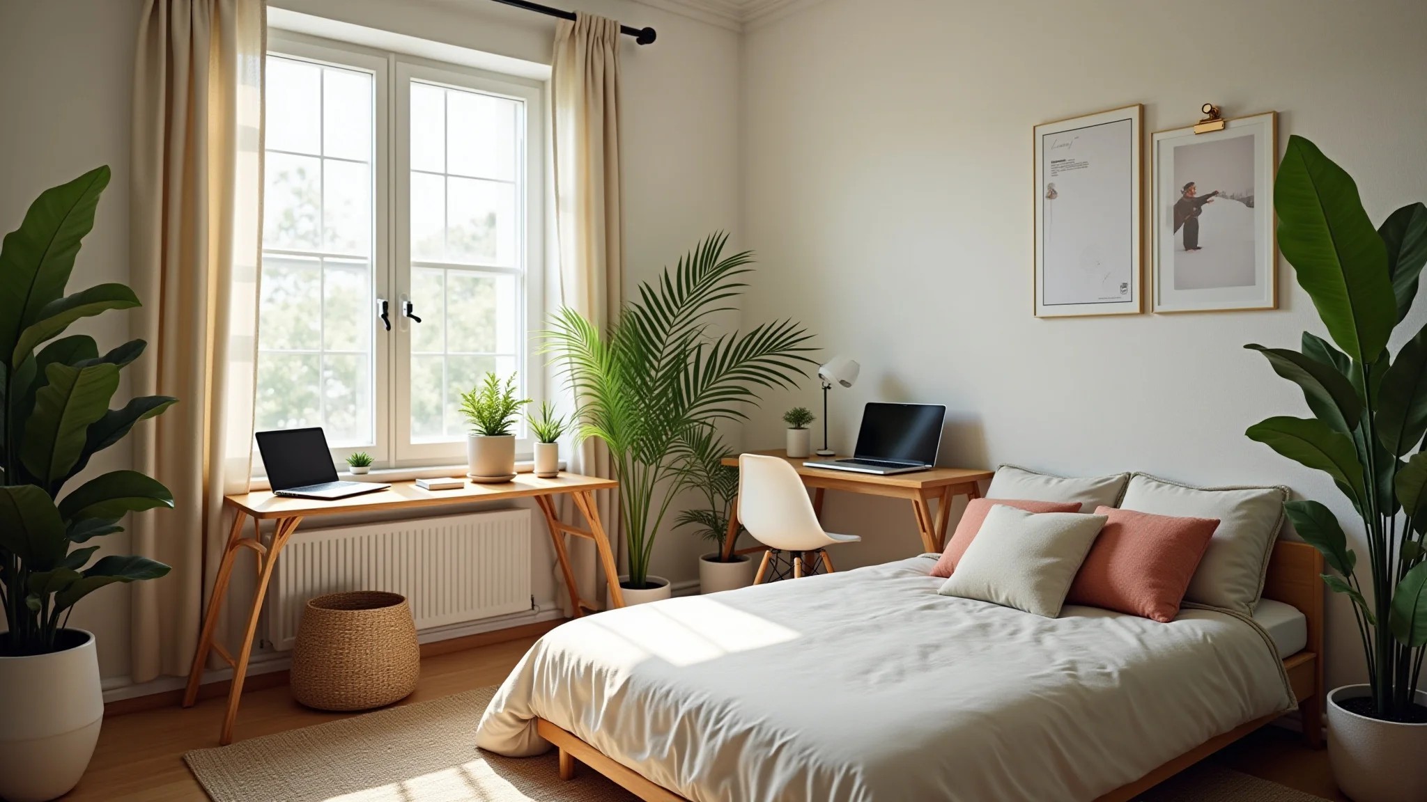 Home office charmoso no quarto com mesa perto da janela e decoração brasileira.