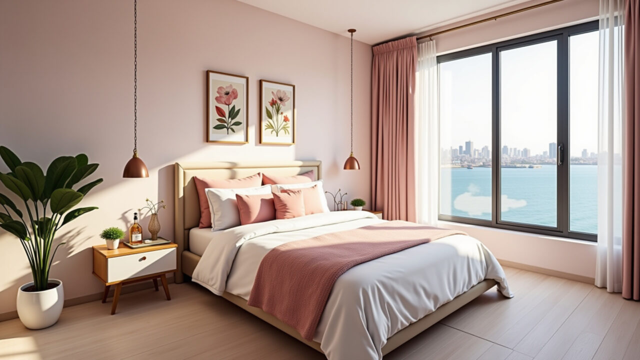 Quarto feminino com detalhes em rosa e dourado e iluminação natural.