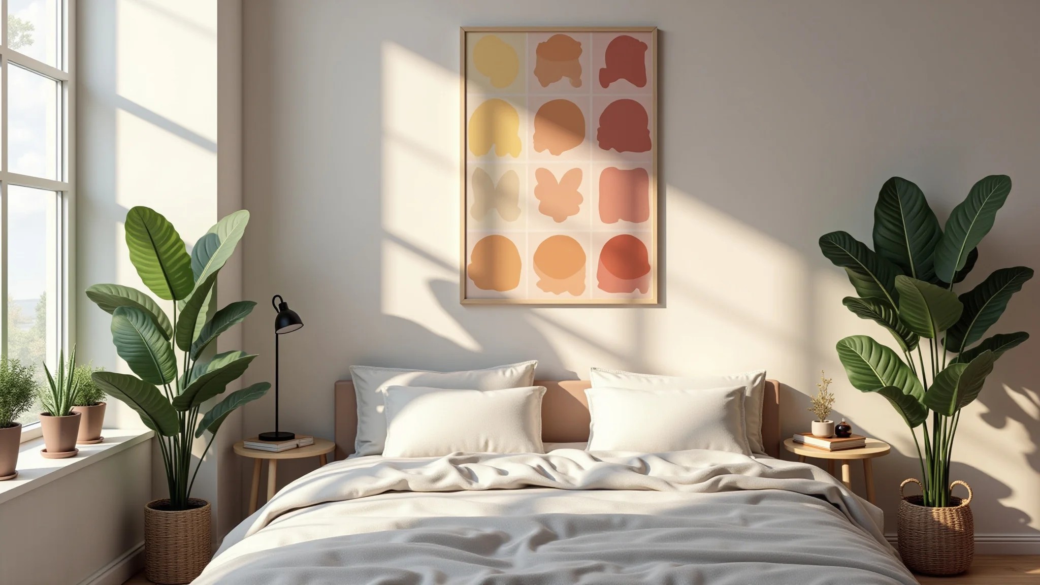 Quarto iluminado com guia de paleta de cores na parede, luz natural e plantas.