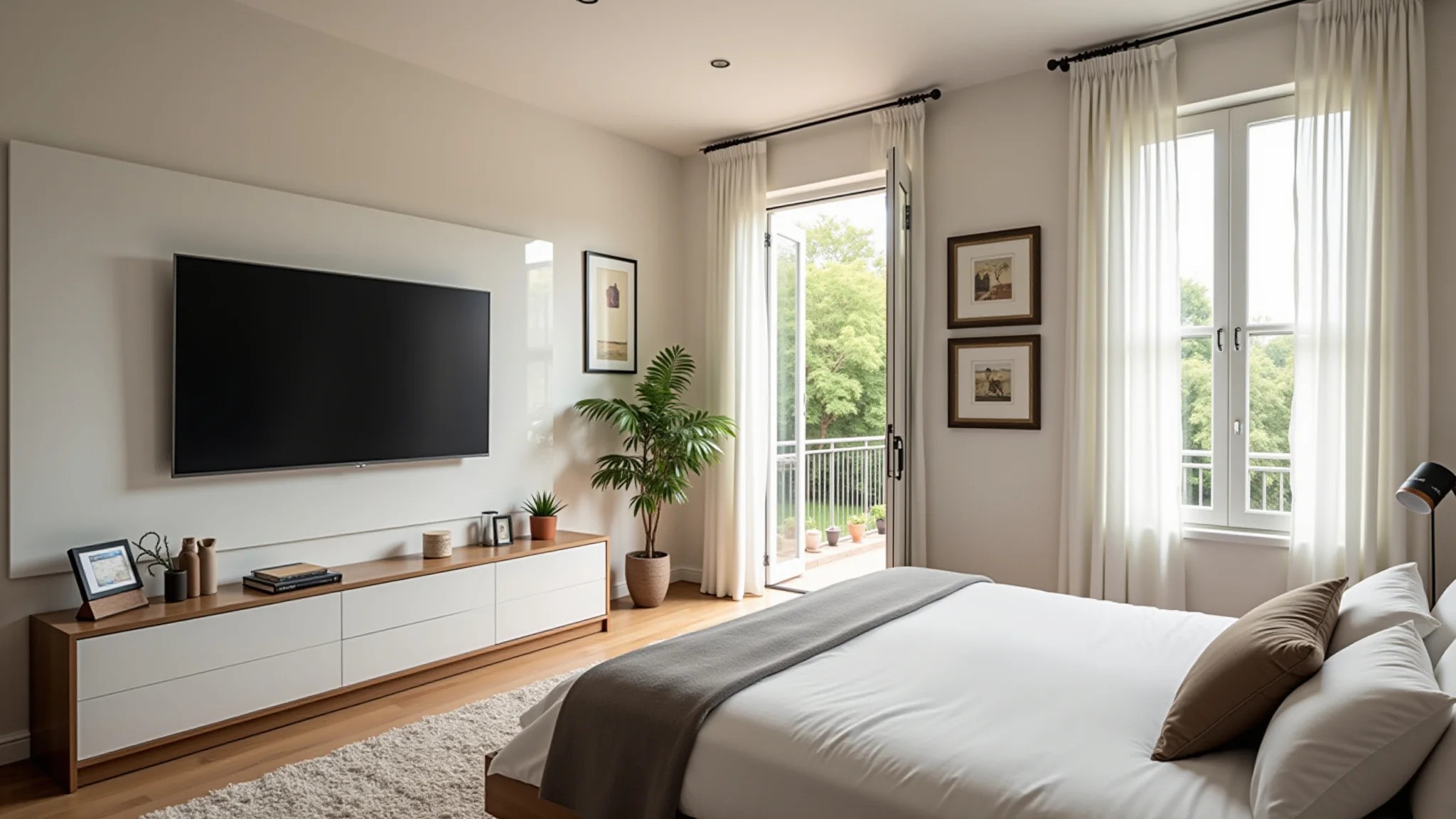 Quarto iluminado com painel de TV moderno e decoração brasileira.