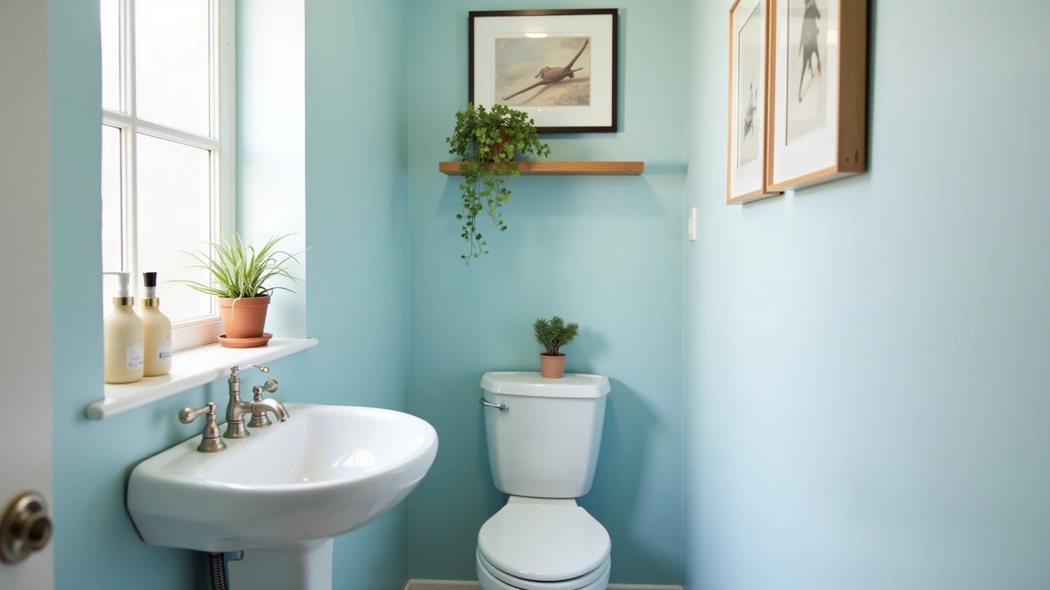 Banheiro pequeno e simples com decoração barata, paredes azuis claras e iluminação natural.