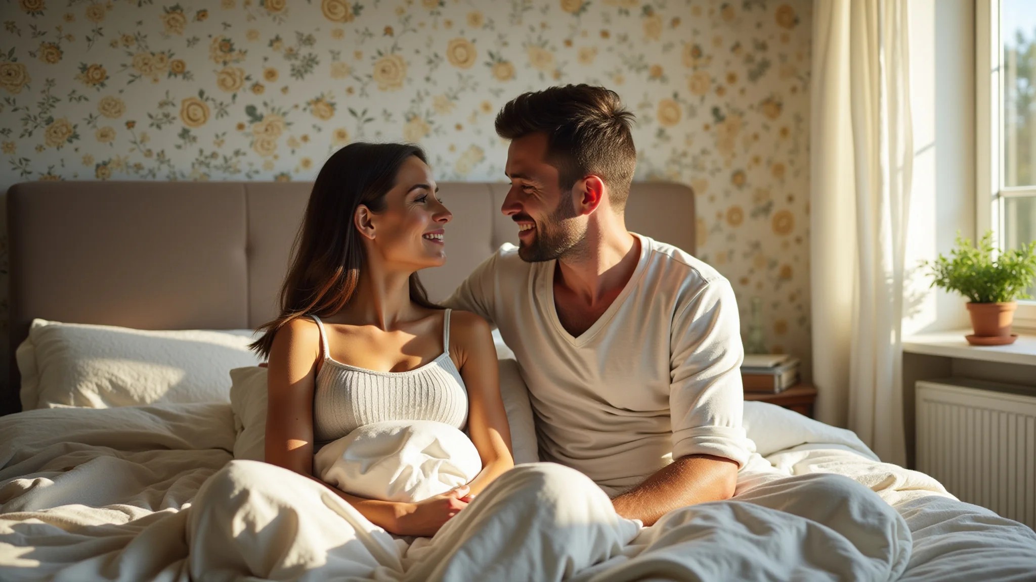 Quarto de casal iluminado com papel de parede floral e roupa de cama de linho.