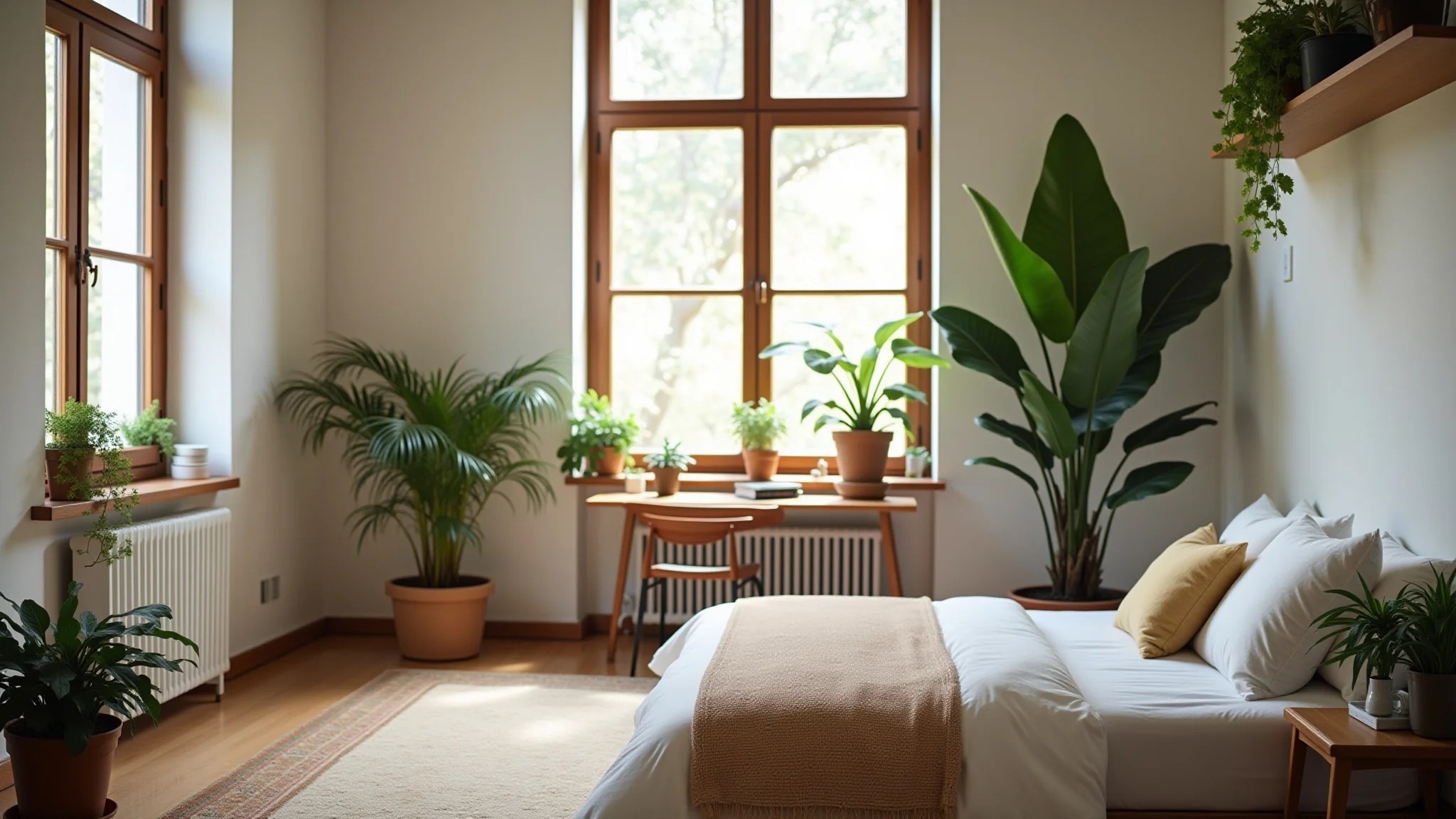 Quarto de casal iluminado com pequeno escritório, decoração brasileira e plantas.