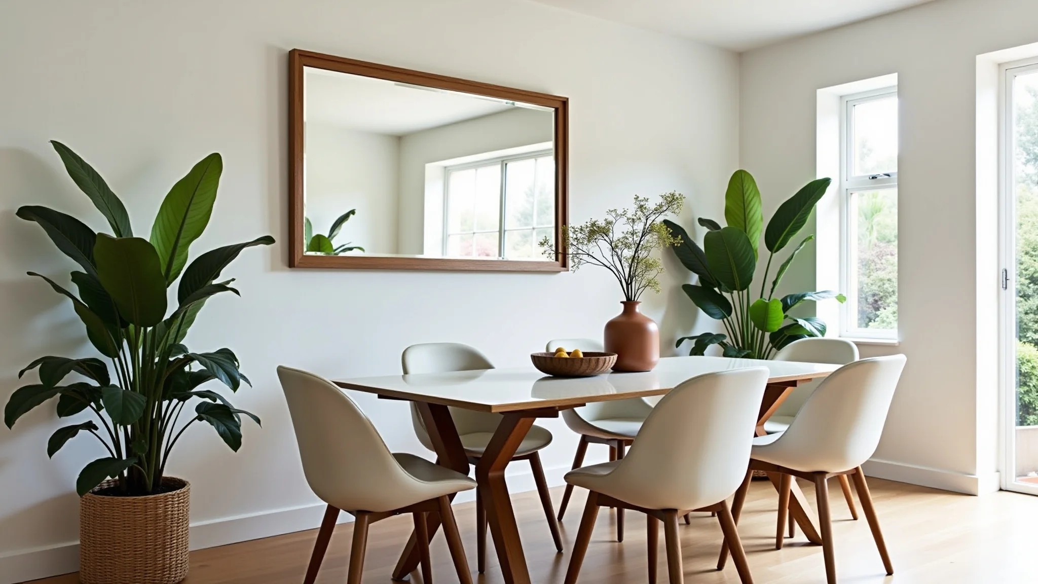 Sala de jantar com espelho retangular ampliando o espaço e refletindo a mesa, decoração brasileira.