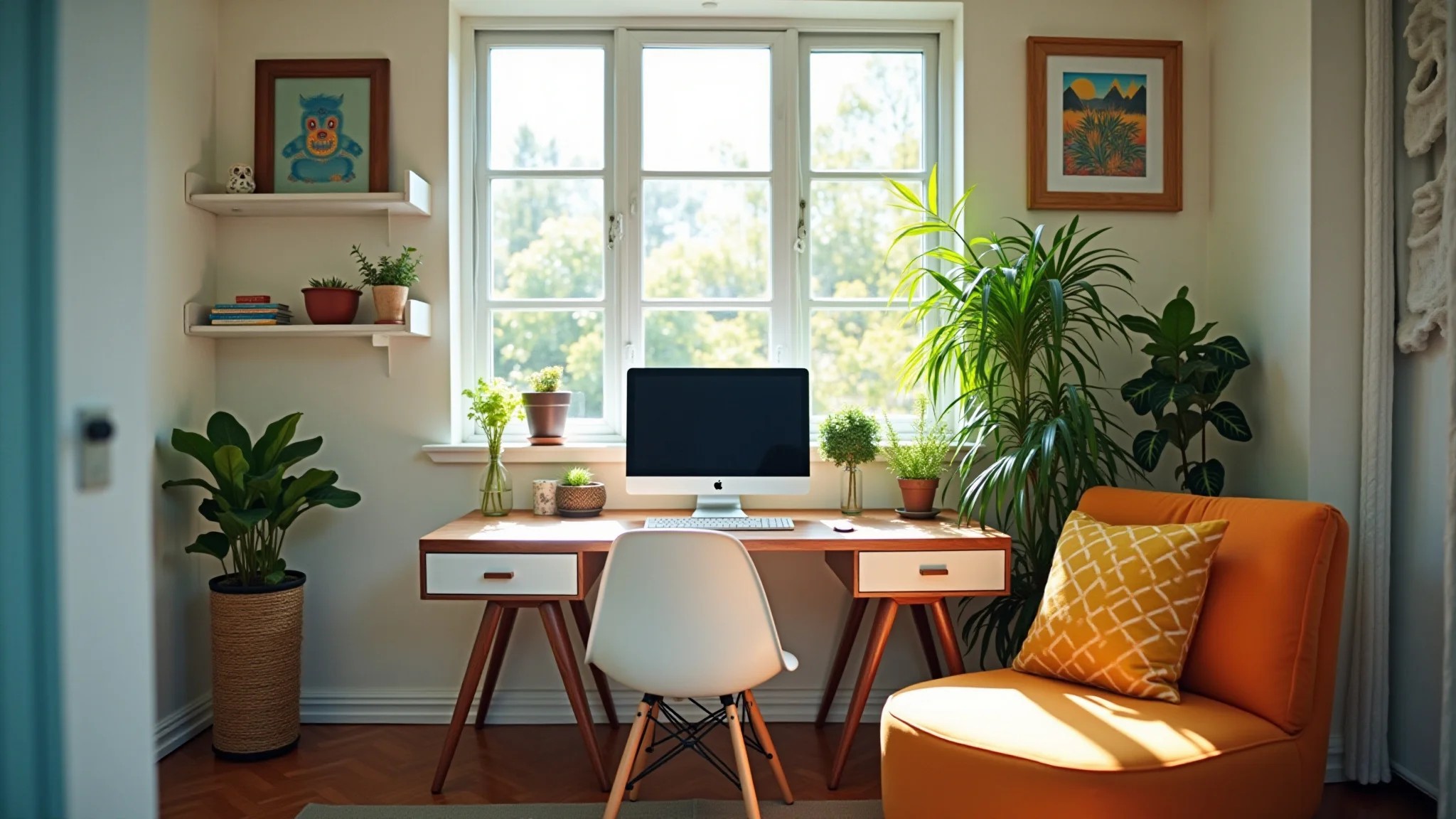 Home office iluminado com decoração colorida, plantas e mesa de trabalho organizada.