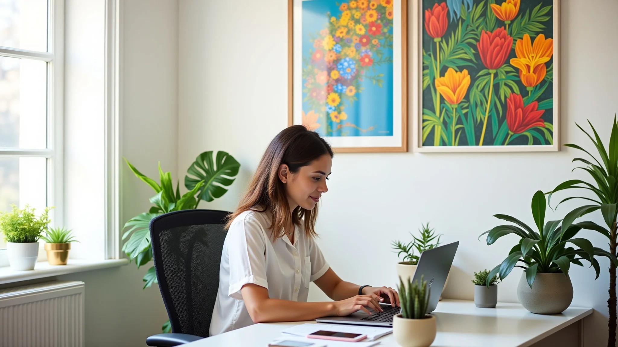 Home office vibrante com quadros coloridos, plantas e luz natural, mulher trabalhando.