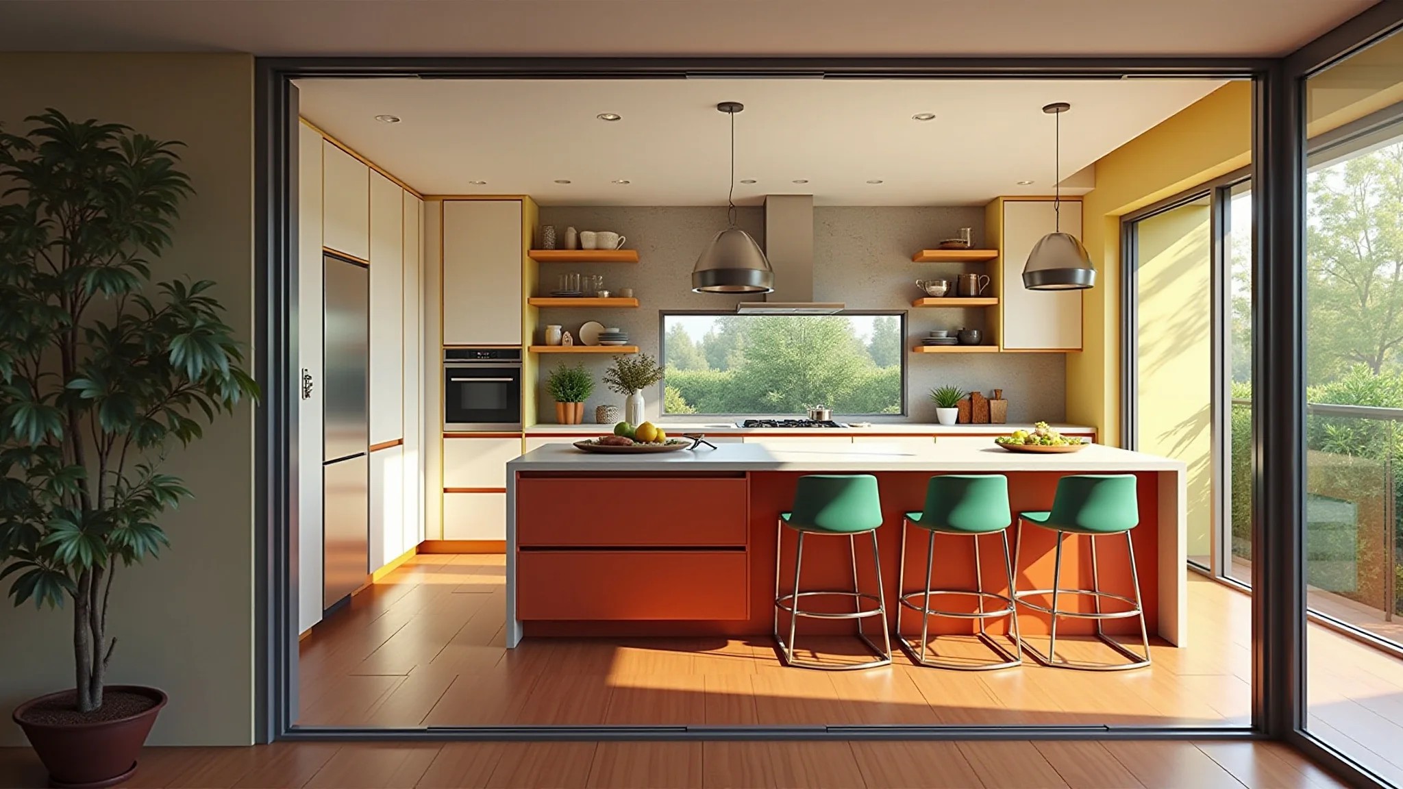 Cozinha transformada em área gourmet com cores vibrantes e iluminação natural.