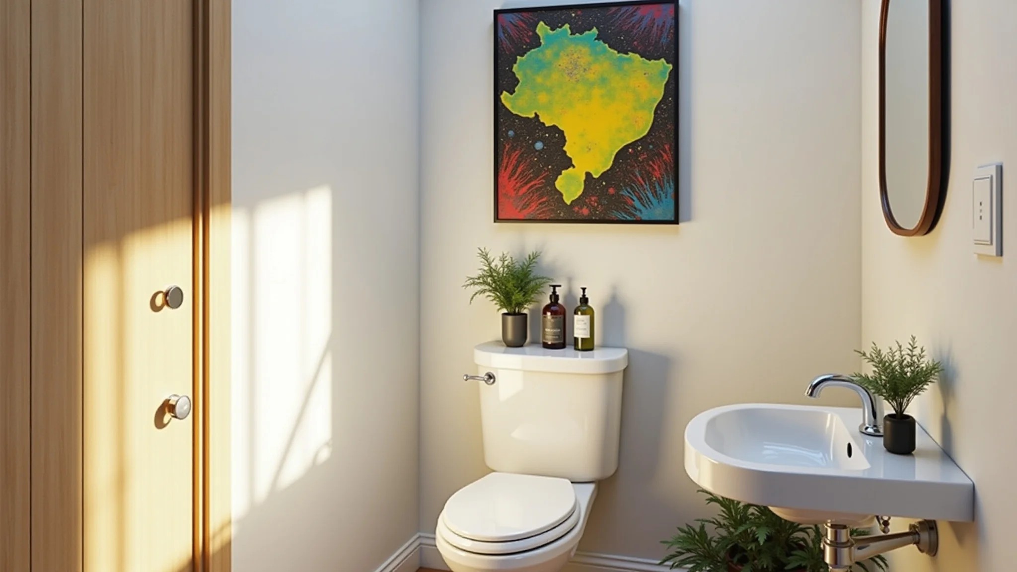Lavabo pequeno e charmoso com paredes brancas, arte brasileira colorida e pia pequena.