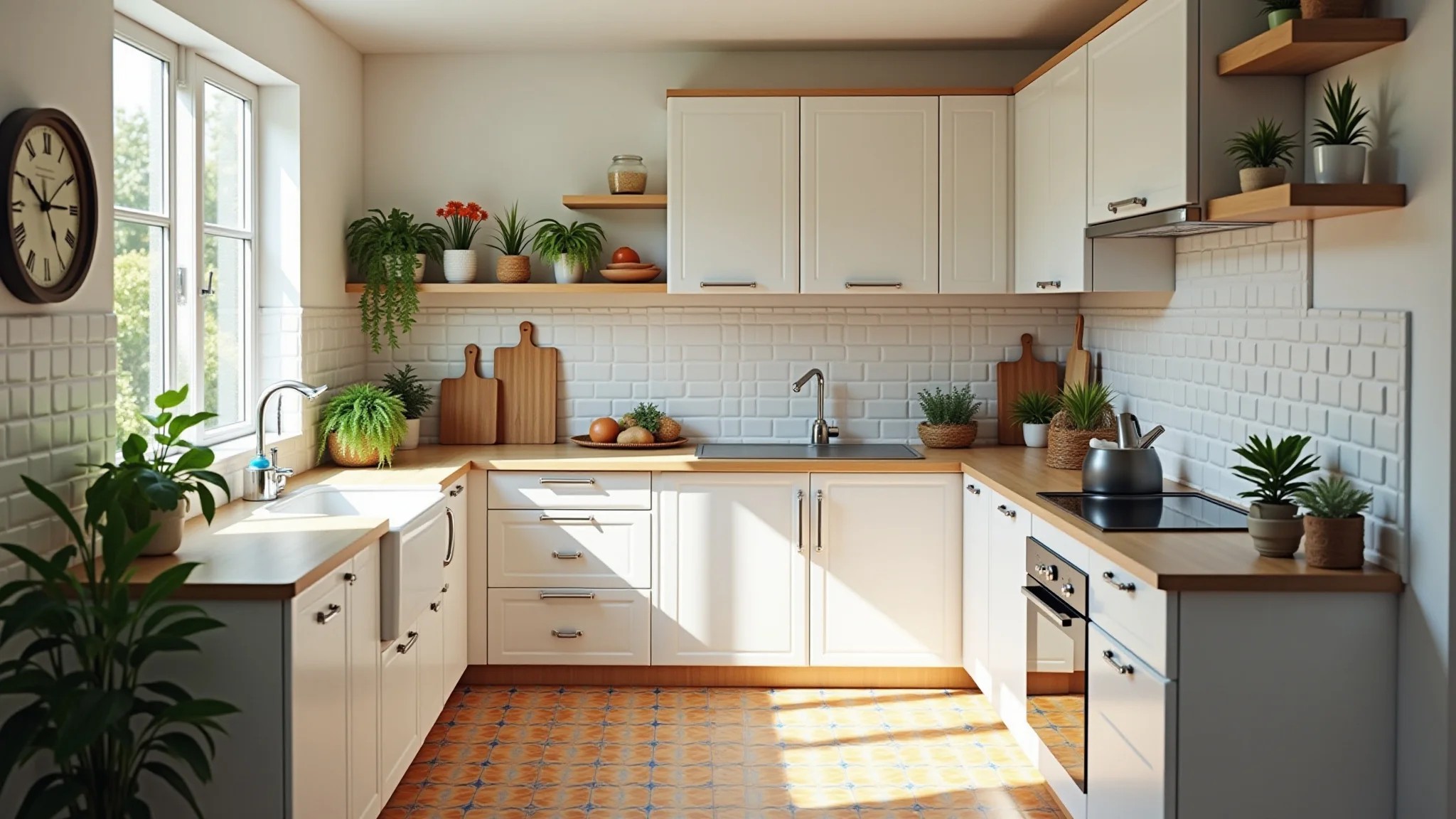 Cozinha pequena e simples com armários brancos, azulejos coloridos e iluminação natural.