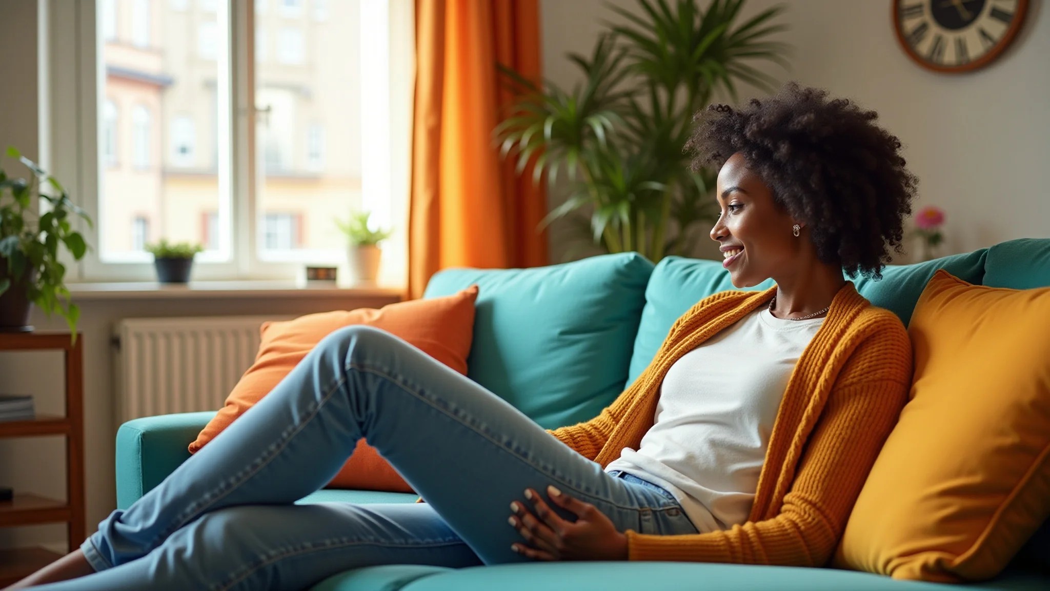 Sala de estar aconchegante com psicologia das cores, mulher relaxando no sofá colorido.