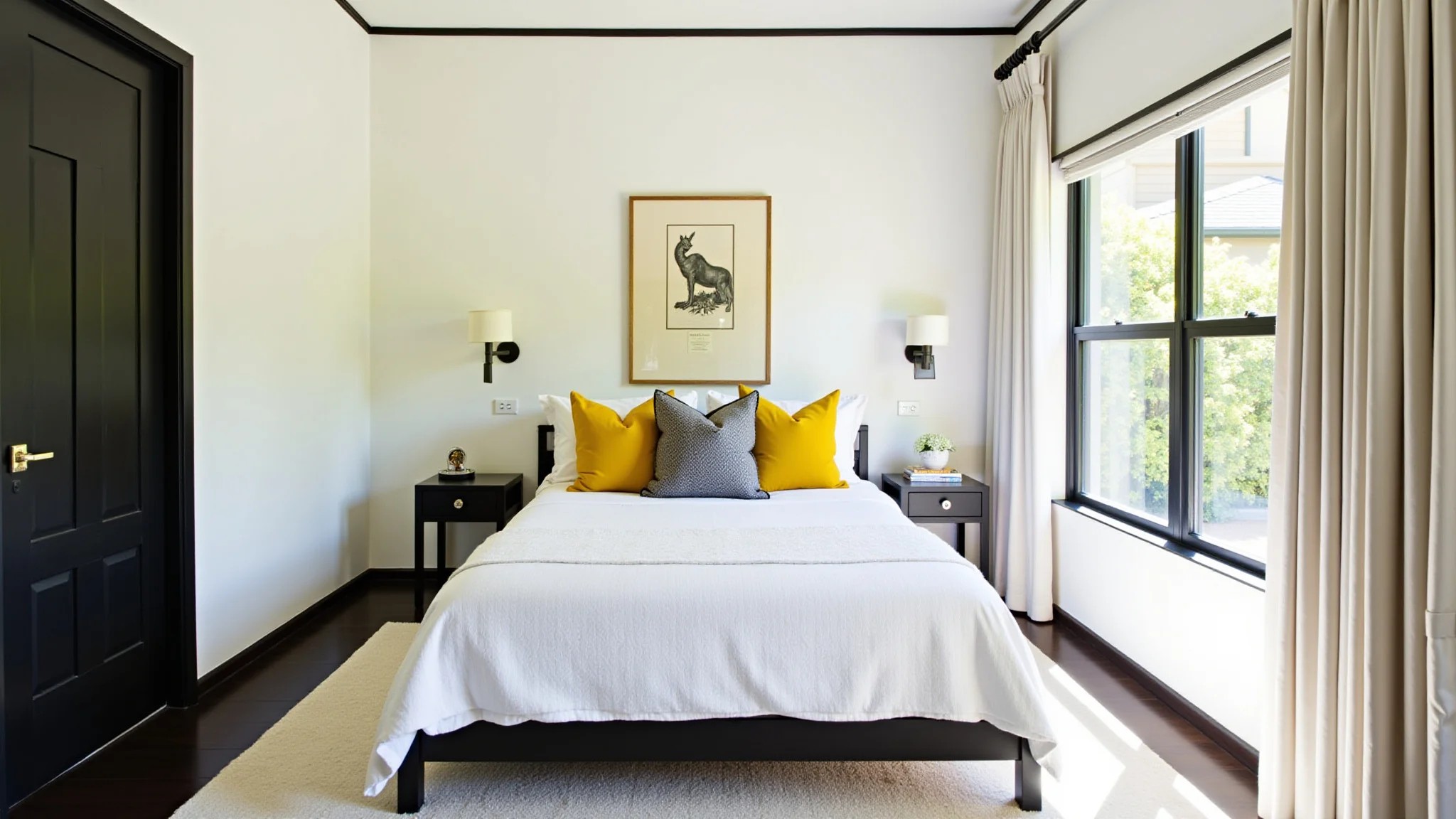 Quarto preto e branco iluminado com toques de amarelo em almofadas e obras de arte.