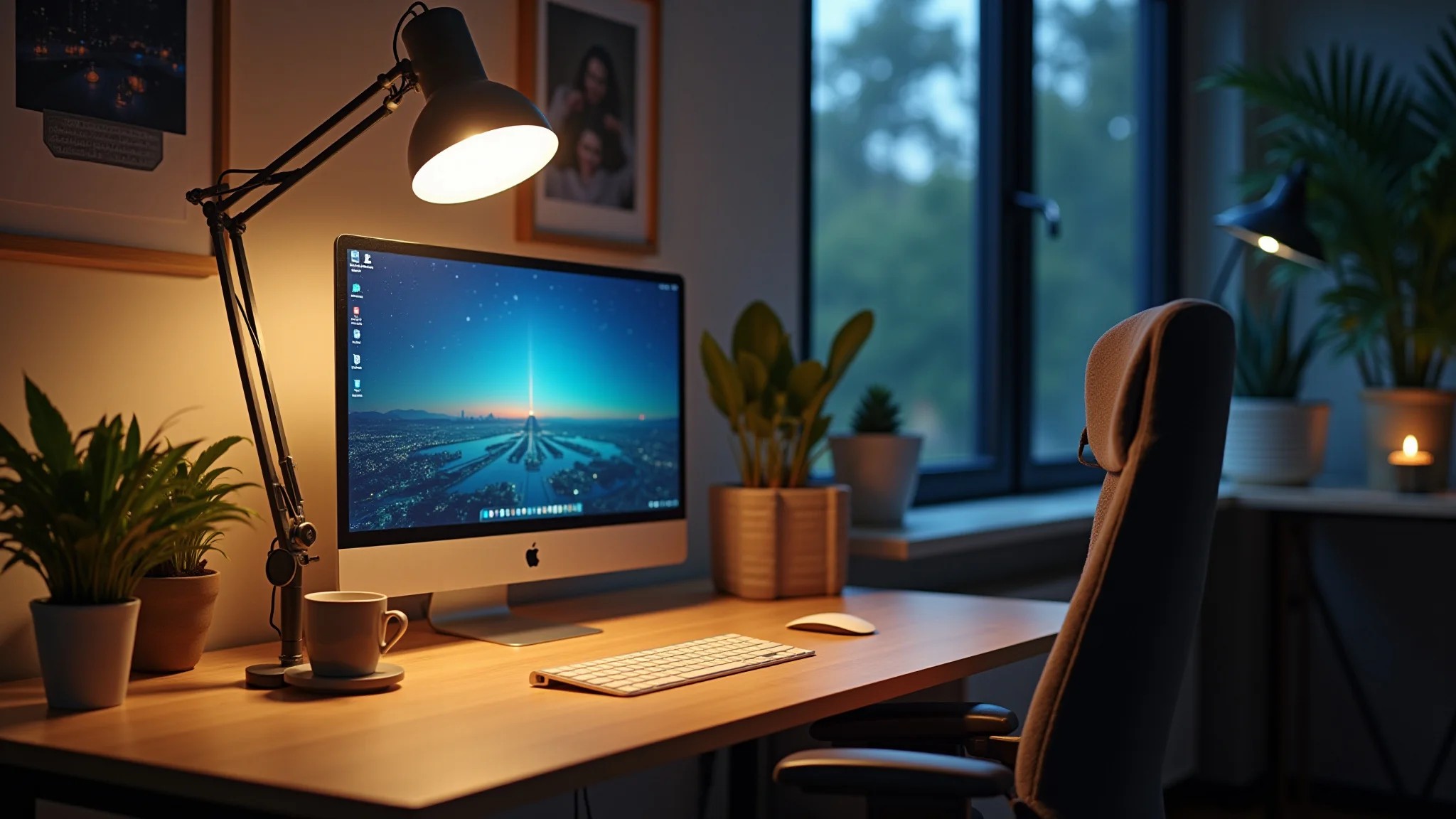 Luminária moderna iluminando escritório em casa, foco na funcionalidade.