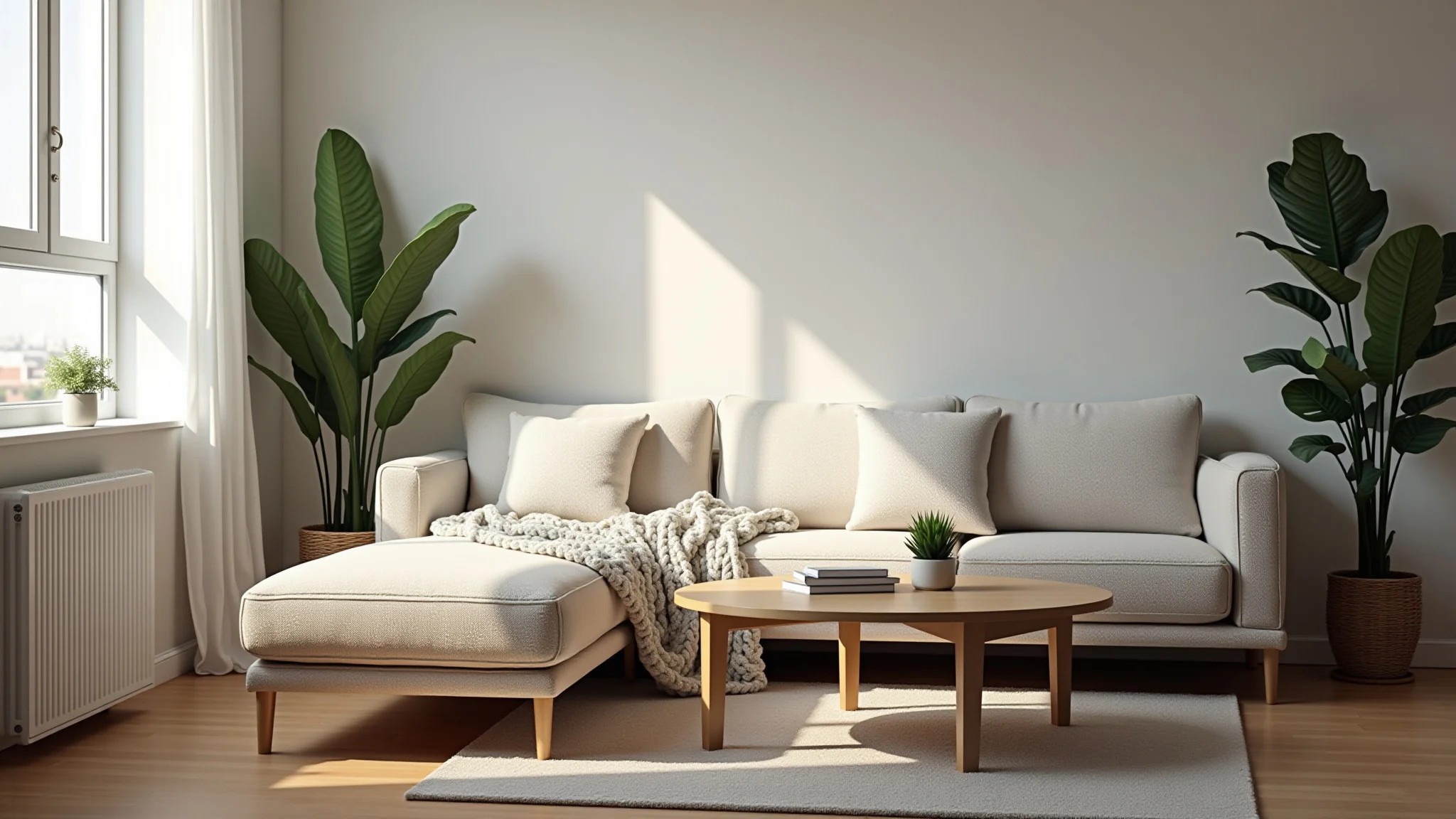 Sala de estar iluminada com sofá confortável, manta e decoração minimalista.