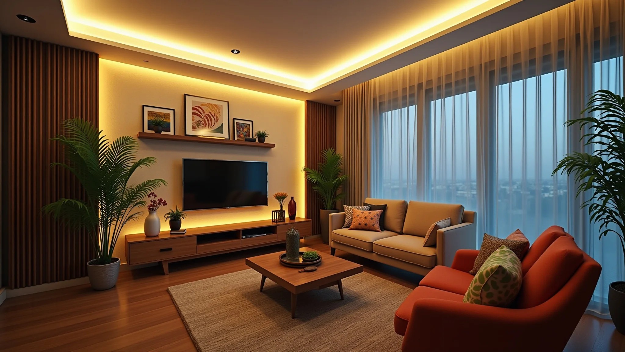 Sala moderna com fitas de LED realçando arte e decoração brasileira vibrante.