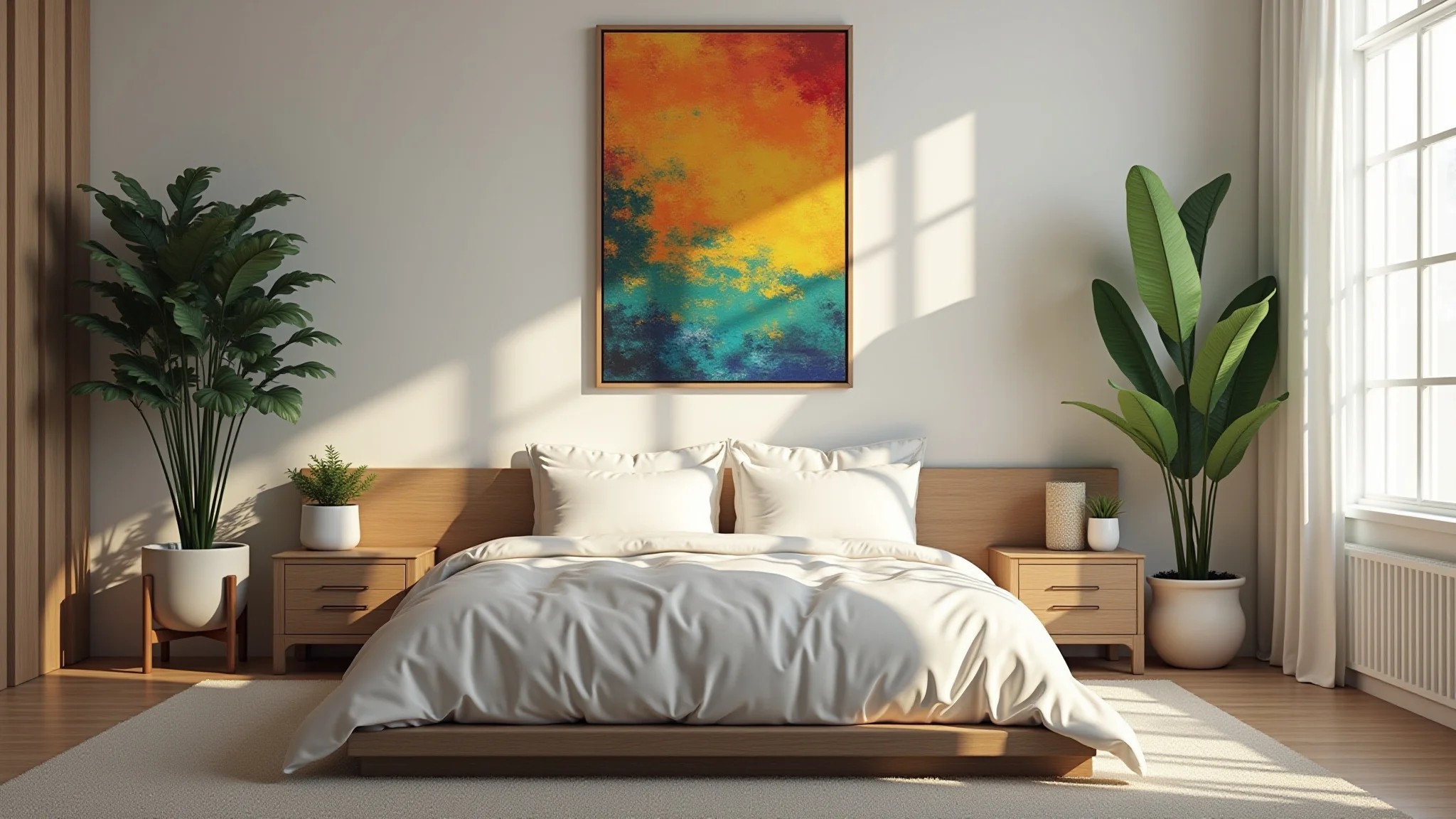 Decoração de parede de quarto aconchegante com arte brasileira colorida e plantas.