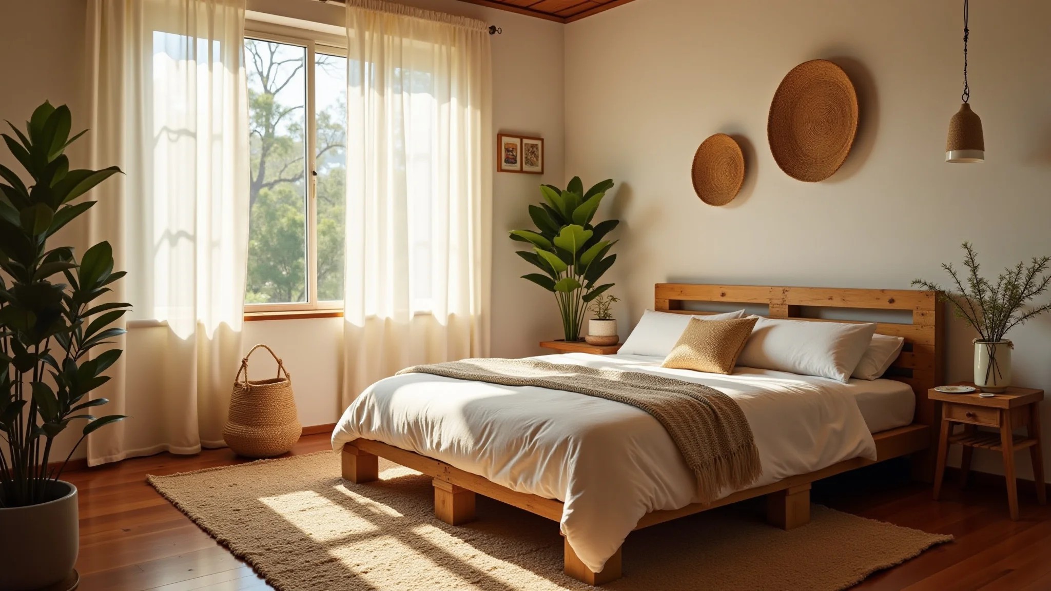 Quarto aconchegante com cama de pallet DIY, decoração brasileira e iluminação suave.