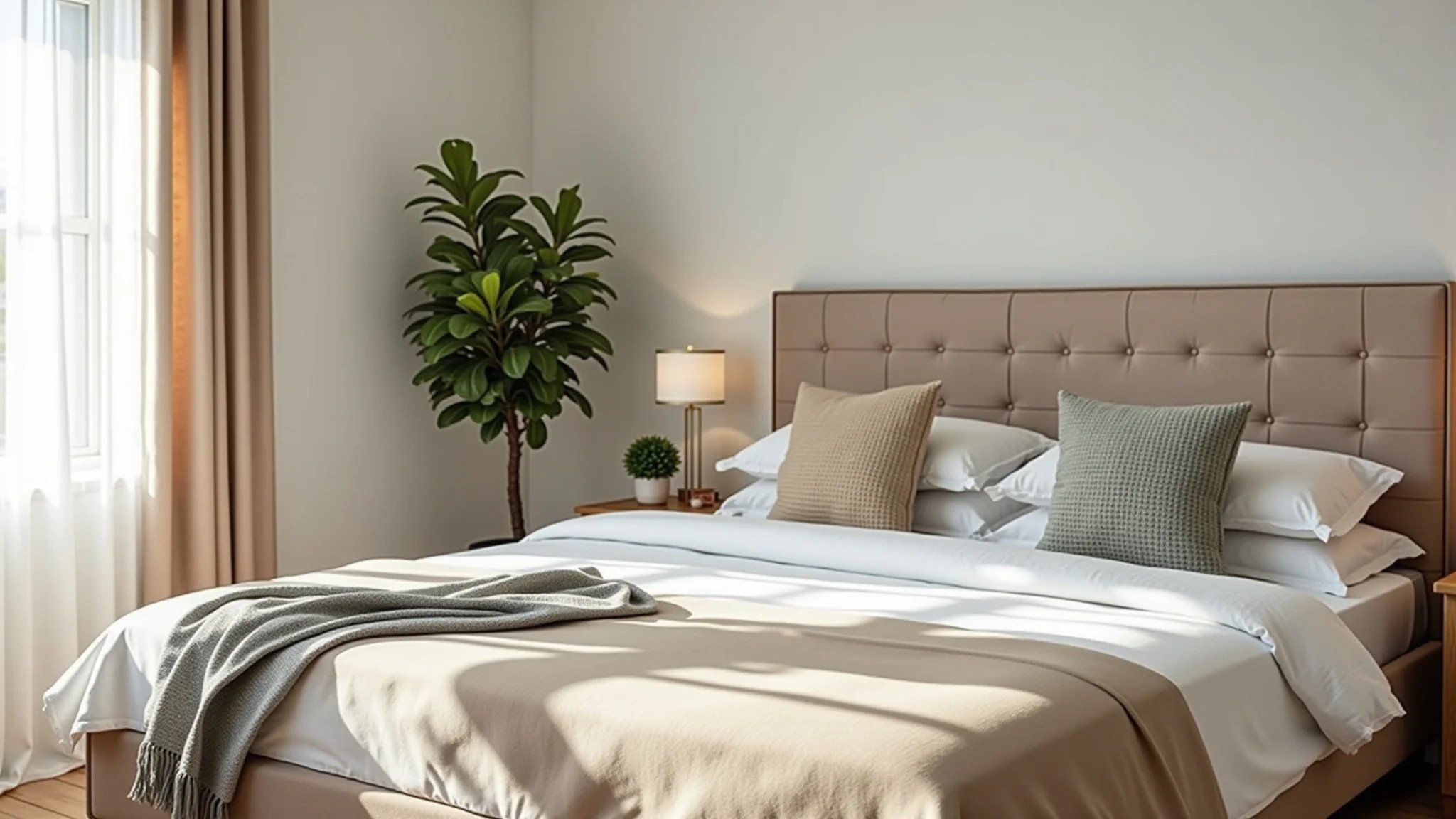 Quarto aconchegante com cabeceira estofada elegante e design brasileiro.