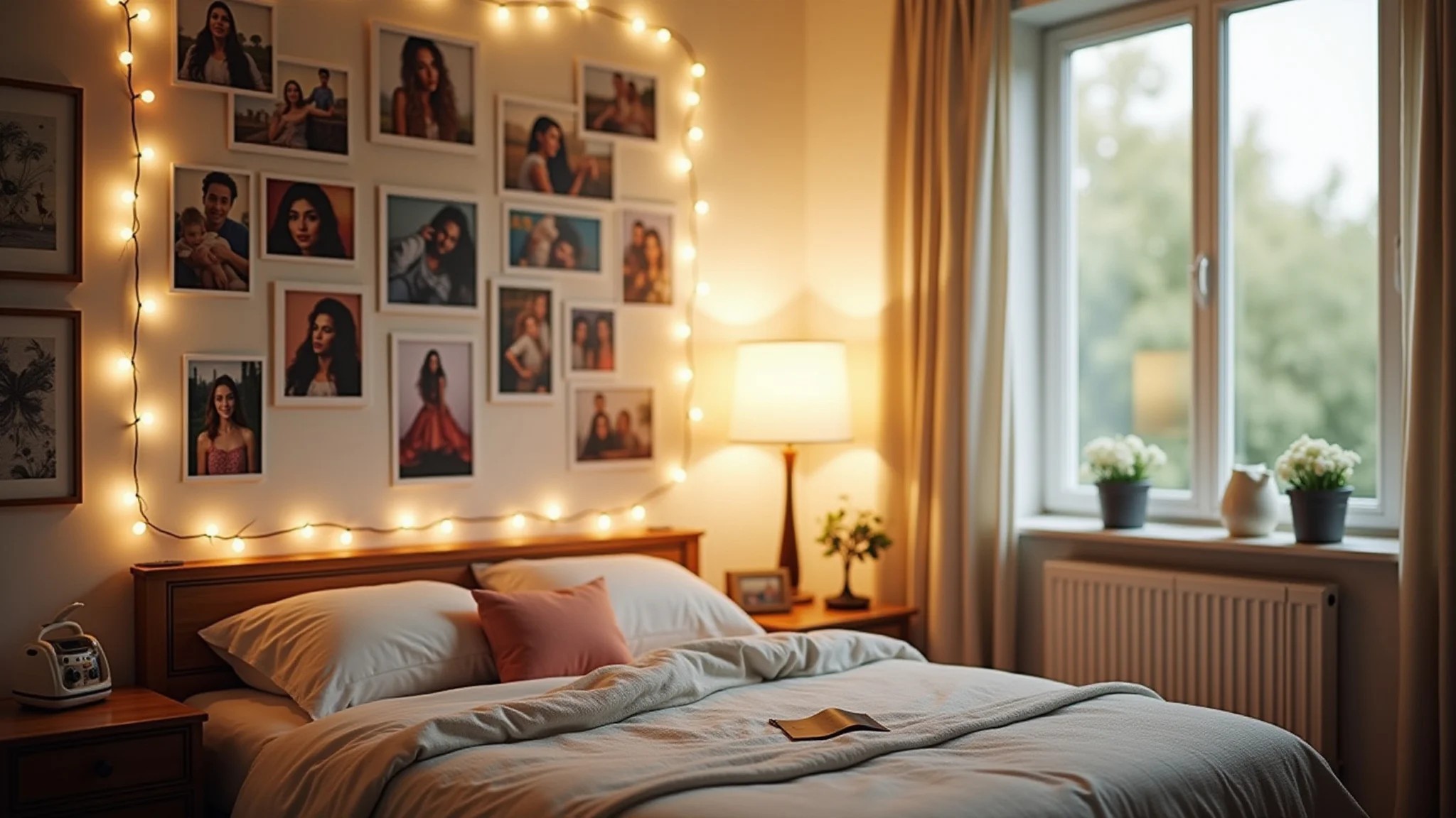 Quarto aconchegante com parede de fotos, luzes e decoração brasileira.