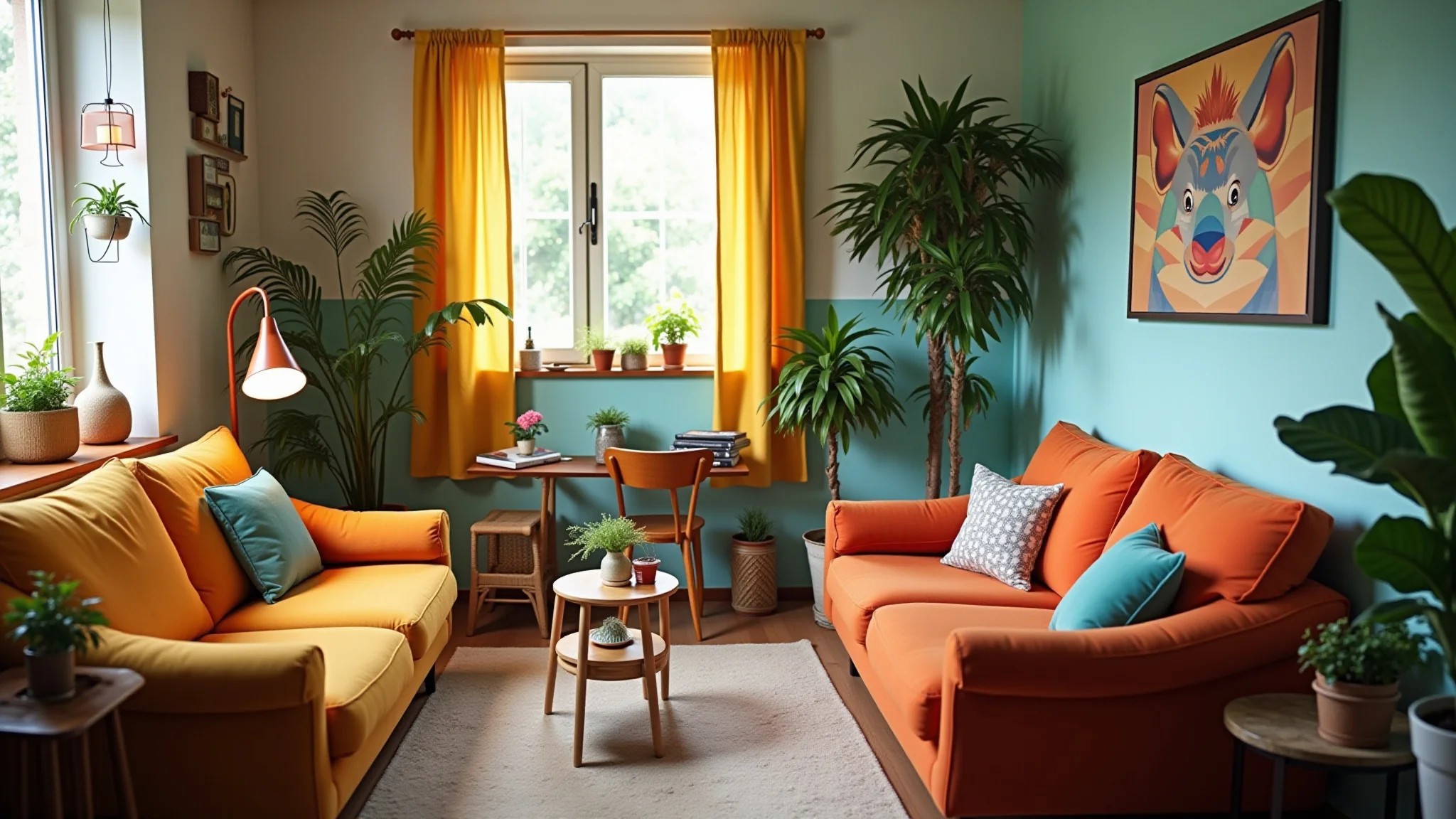 Sala de estar aconchegante com decoração econômica, detalhes DIY e estilo brasileiro vibrante.