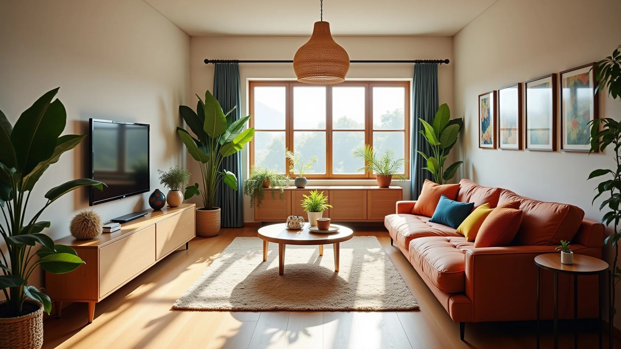 Sala de estar aconchegante com almofadas coloridas, plantas e decoração acessível.