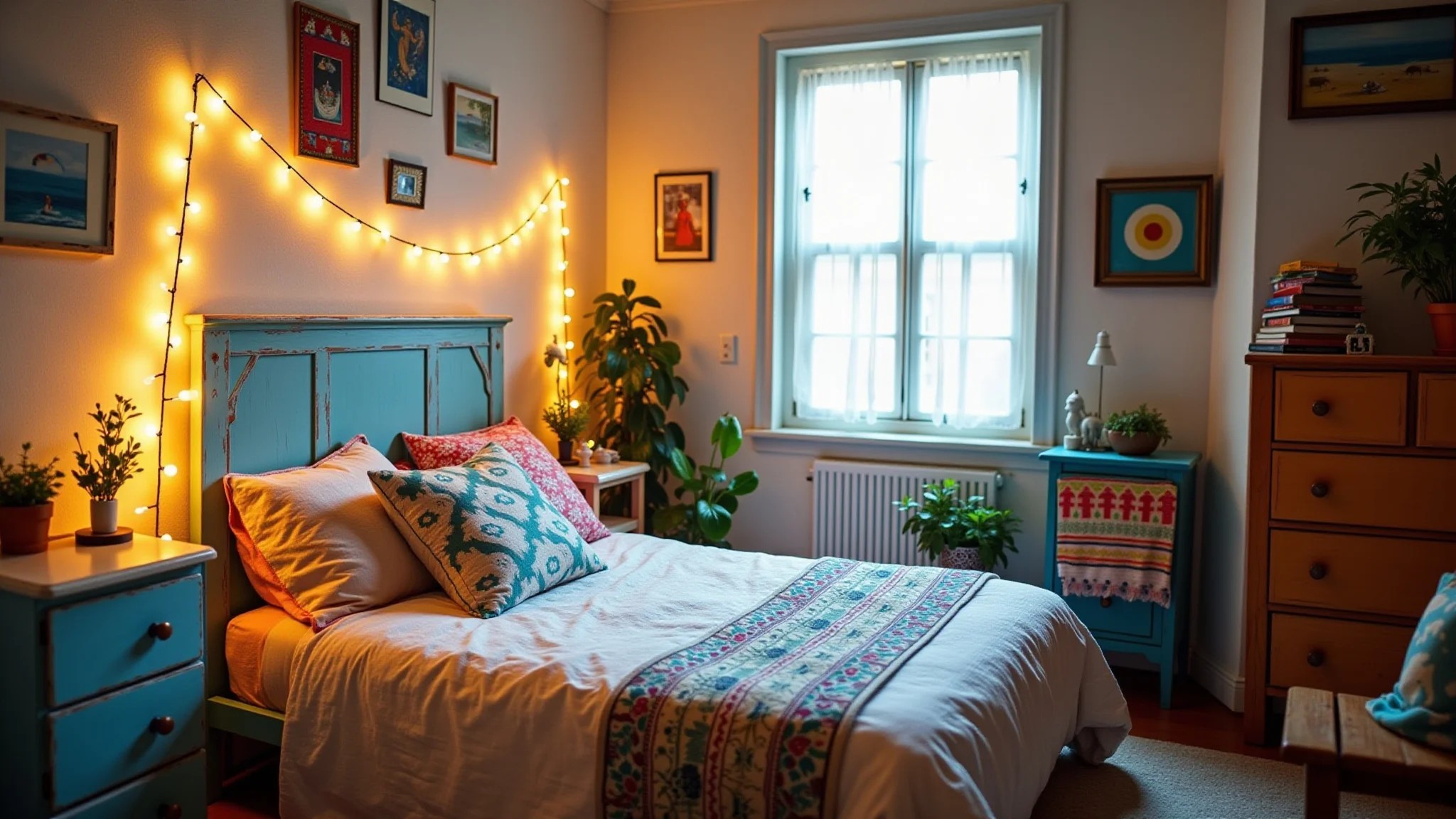 Quarto decorado com DIY: luzes, móveis reciclados e tecidos coloridos.
