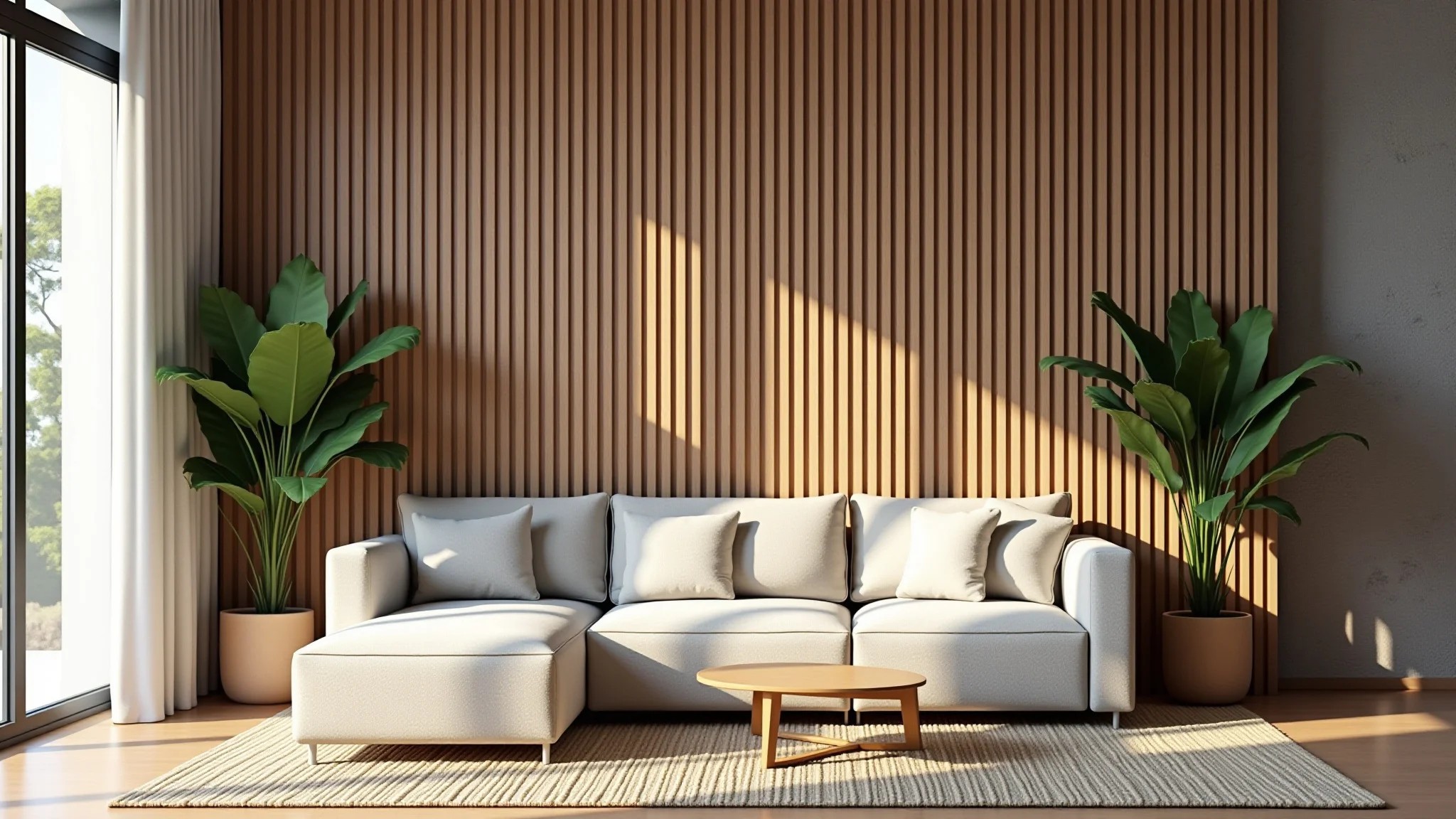 Sala de estar moderna com parede ripada de madeira, sofá confortável e iluminação natural.
