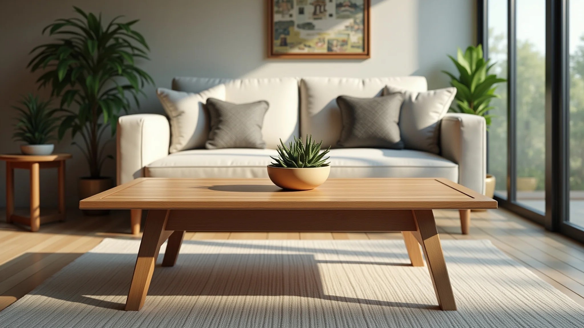Sala de estar iluminada com mesa de centro de madeira estilosa, design brasileiro e plantas.