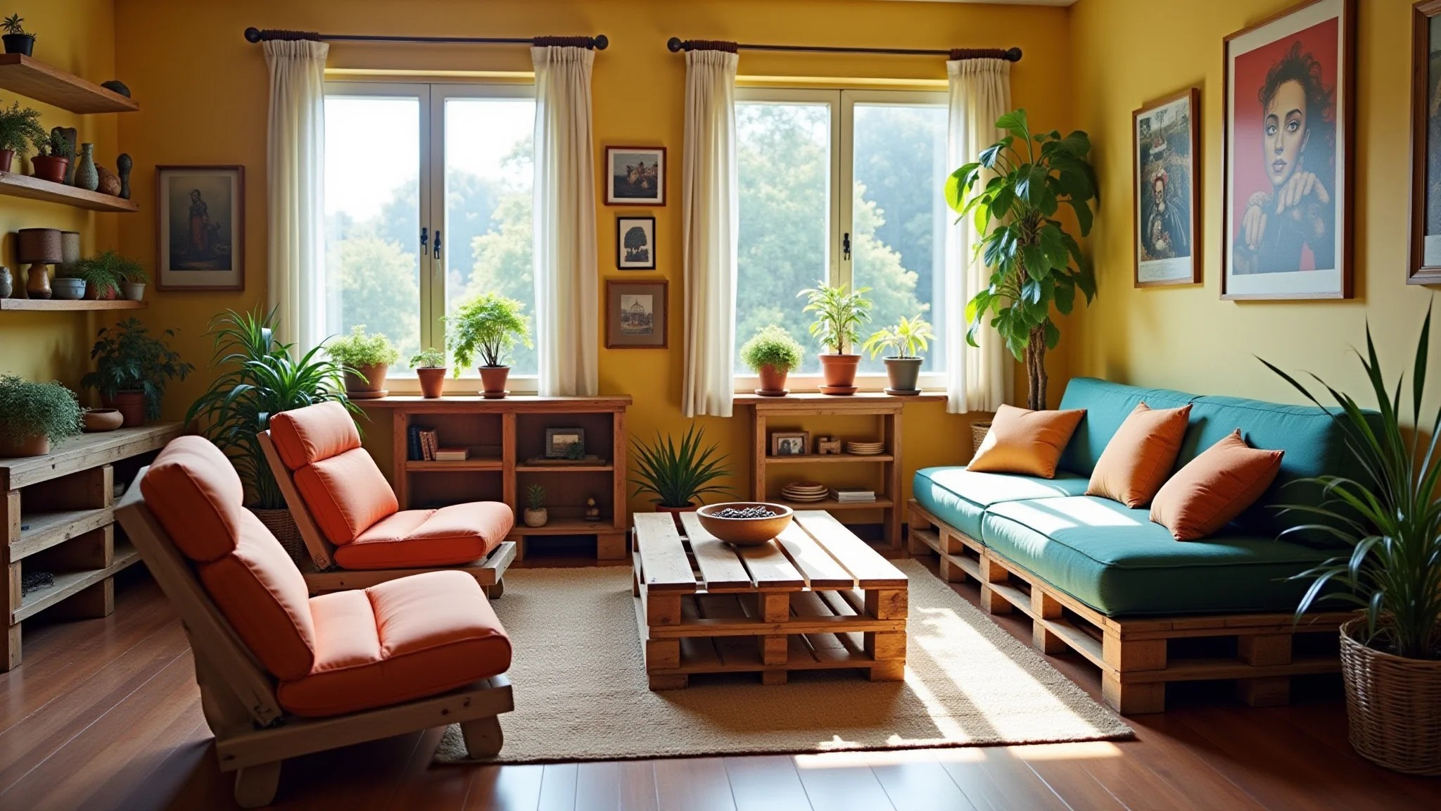Sala de estar com móveis de pallet reaproveitados, decoração DIY e estilo brasileiro.