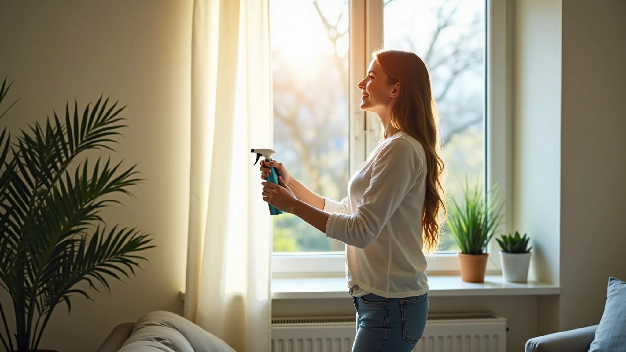 Mulher borrifando aromatizador em sala ensolarada para eliminar cheiro de cigarro.