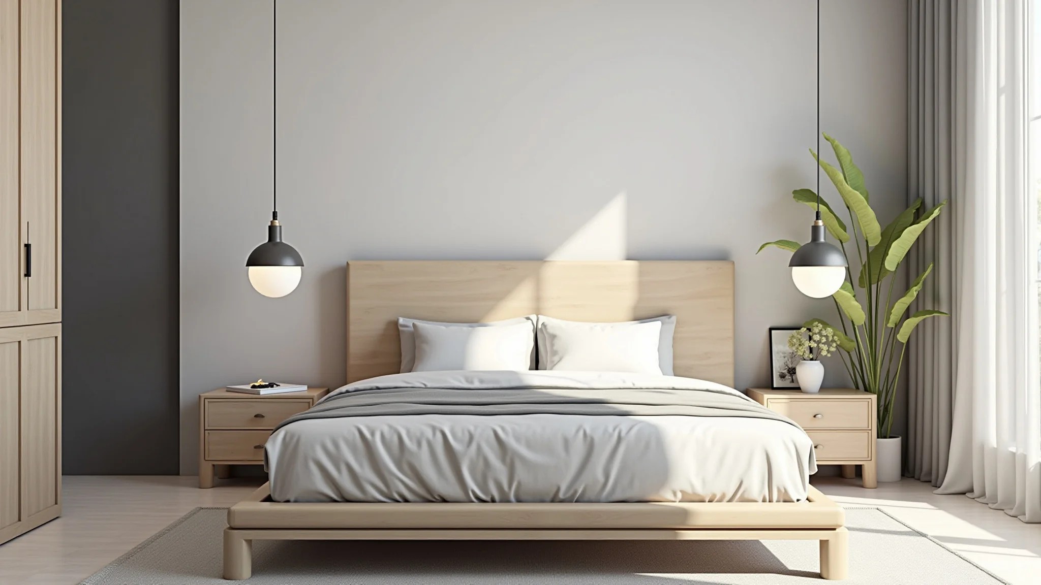 Quarto moderno com cabeceira minimalista, cores neutras e design brasileiro.