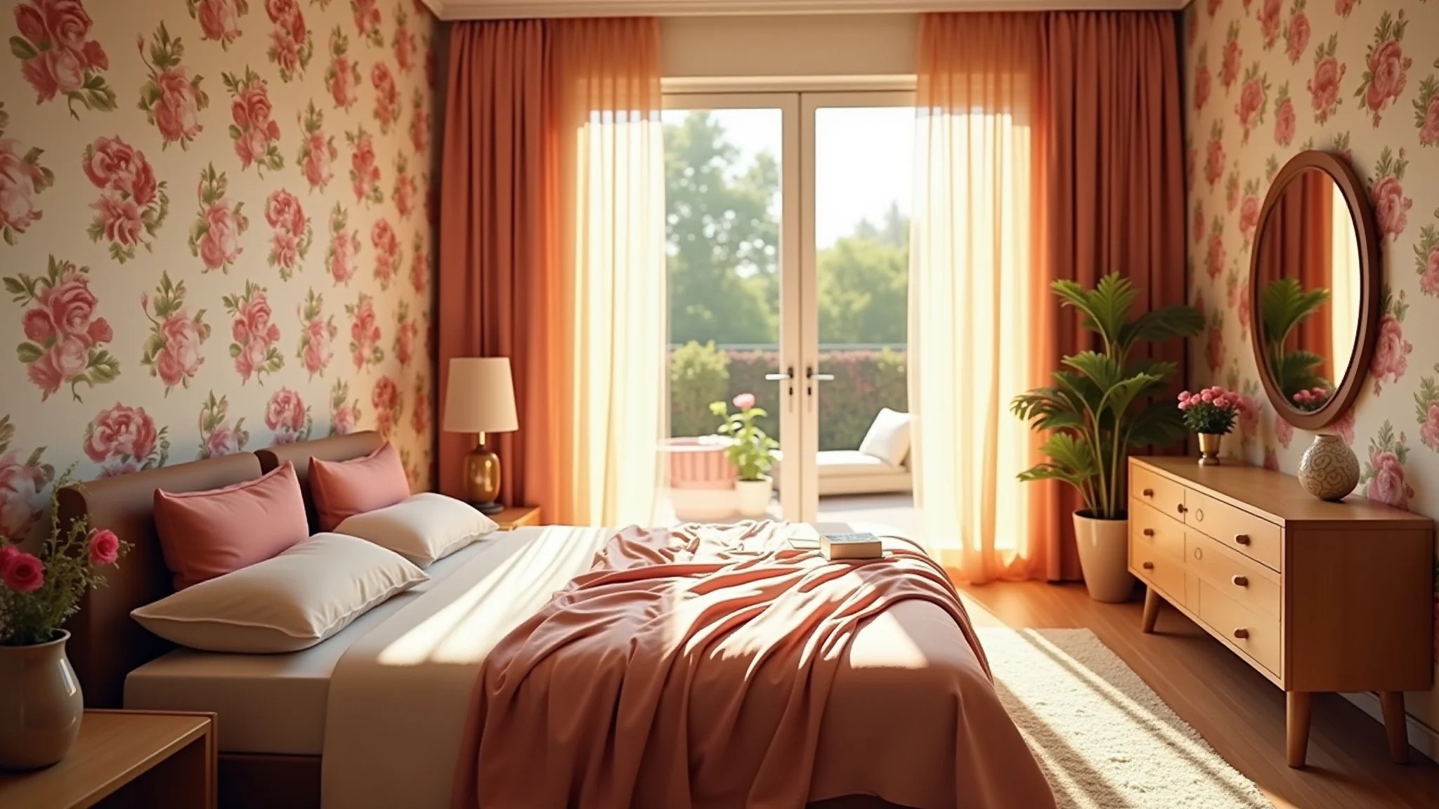 Quarto romântico com papel de parede floral, iluminação suave e design brasileiro.
