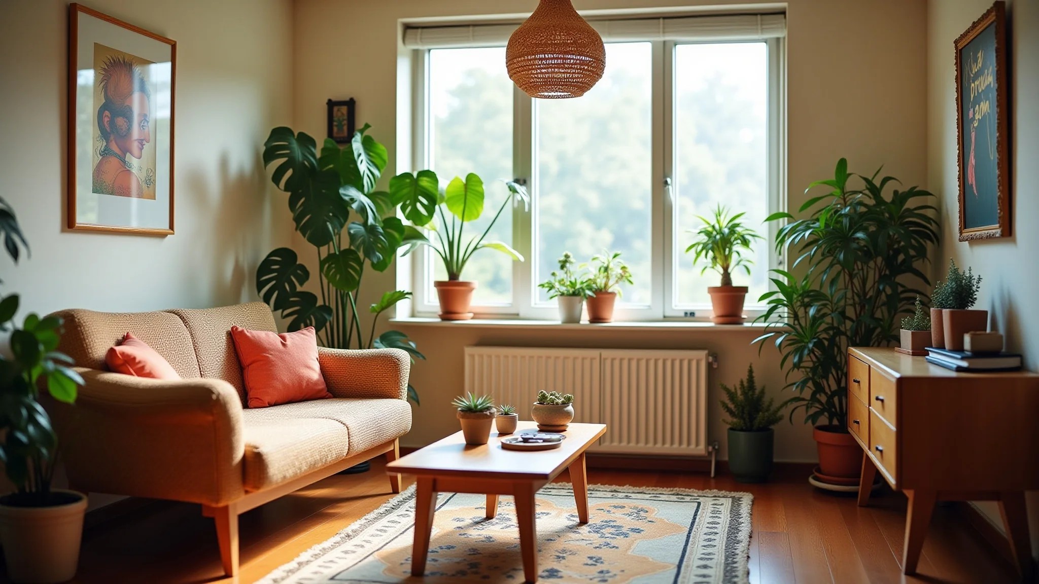 Sala de estar simples com decoração barata e alegre, estilo brasileiro.