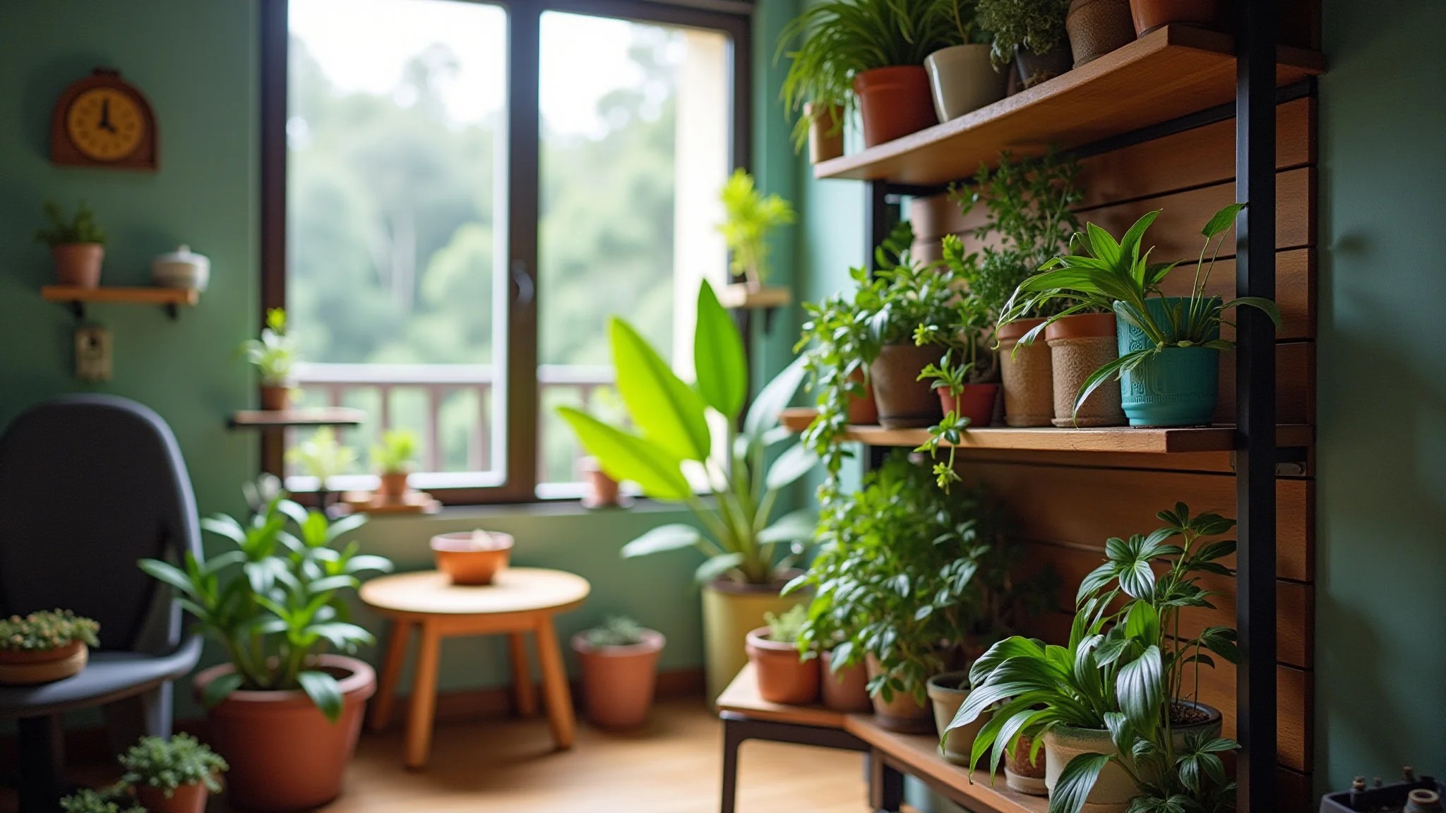 Varanda de apartamento pequeno com jardim vertical e detalhes coloridos.