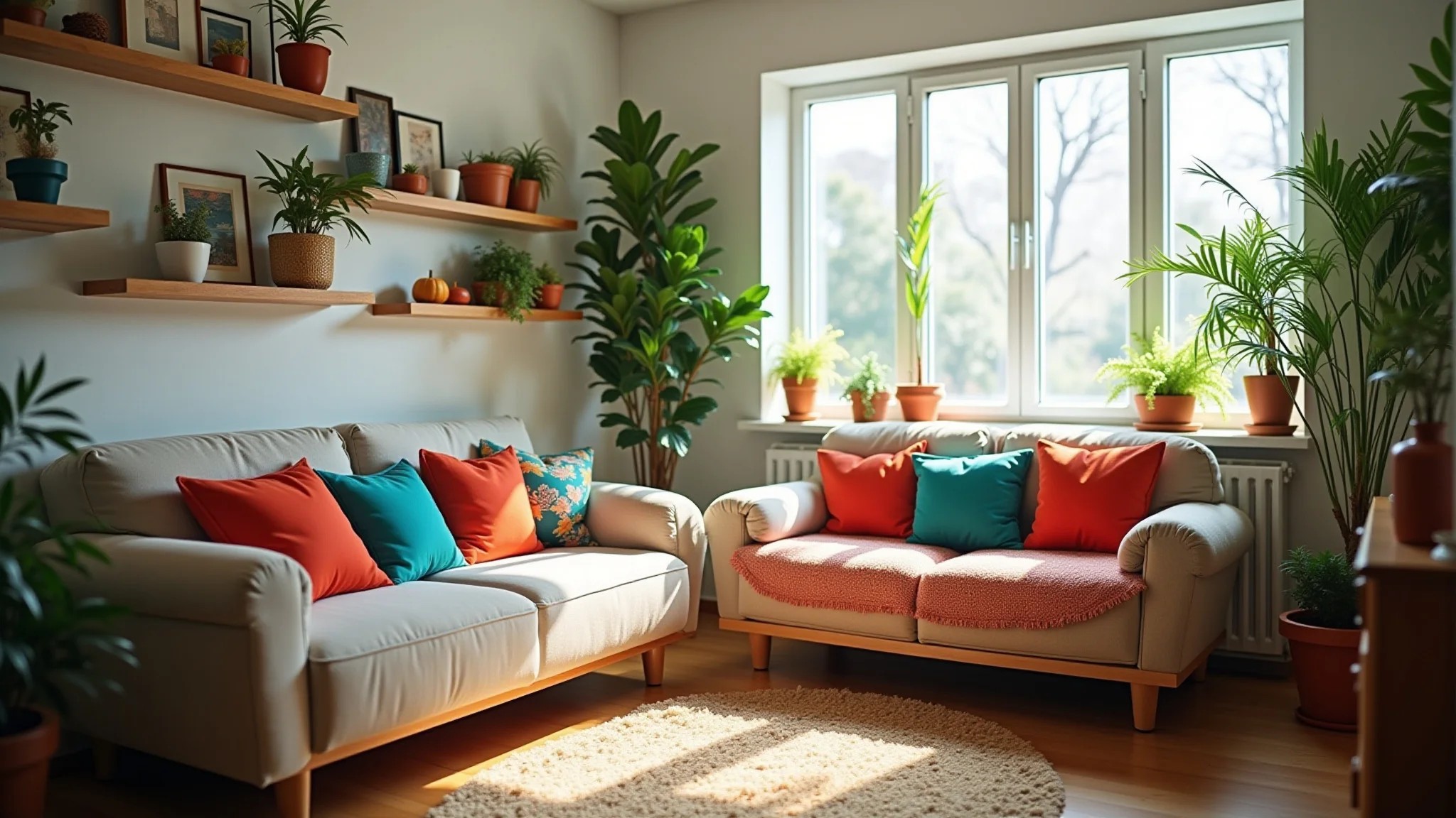 Sala de estar de apartamento pequeno com design brasileiro, almofadas coloridas e plantas.